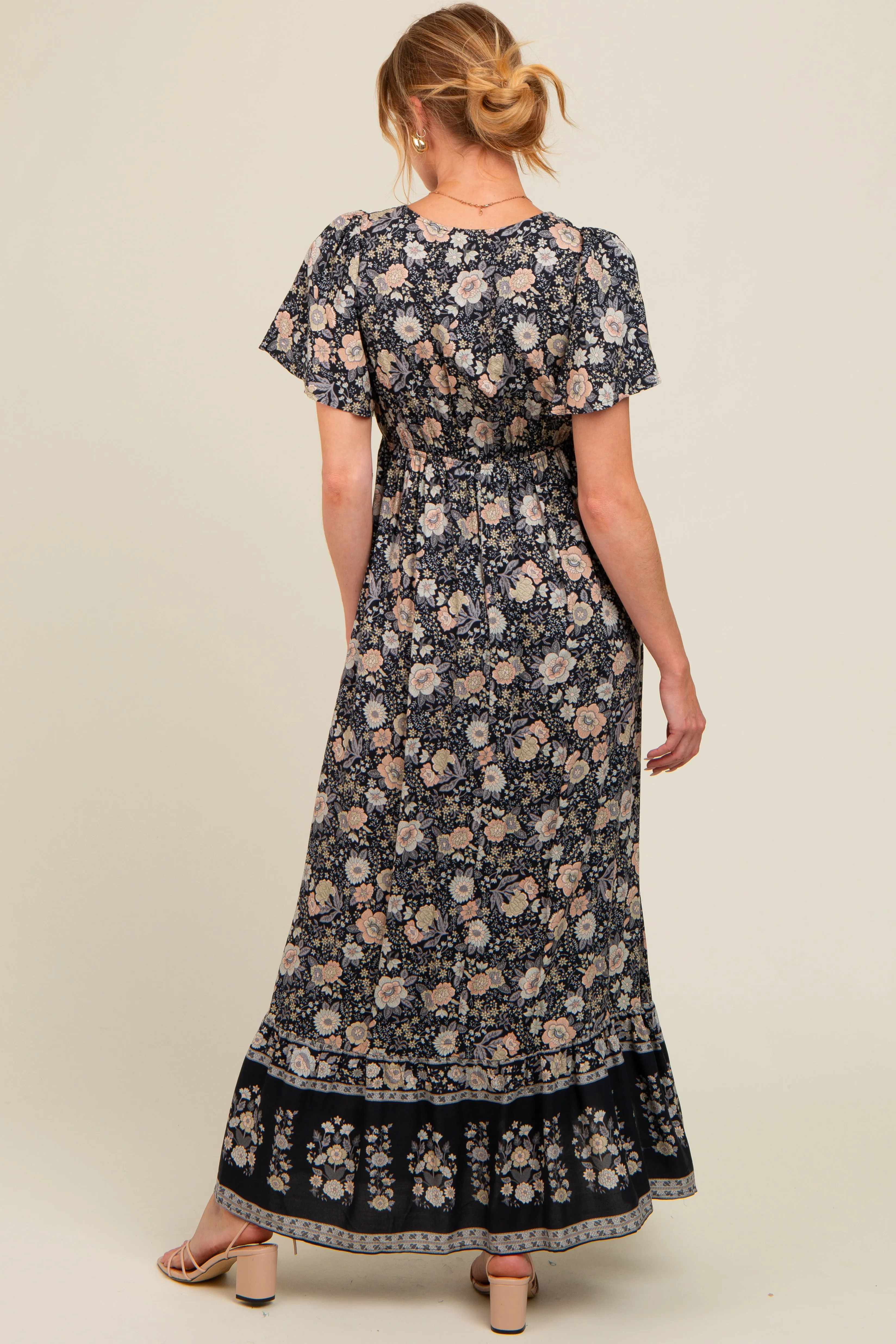 Black Floral Border Printed Woven Short Sleeve V-Neck Maternity Maxi Dress sold by Pinkblush product image thumbnail 3