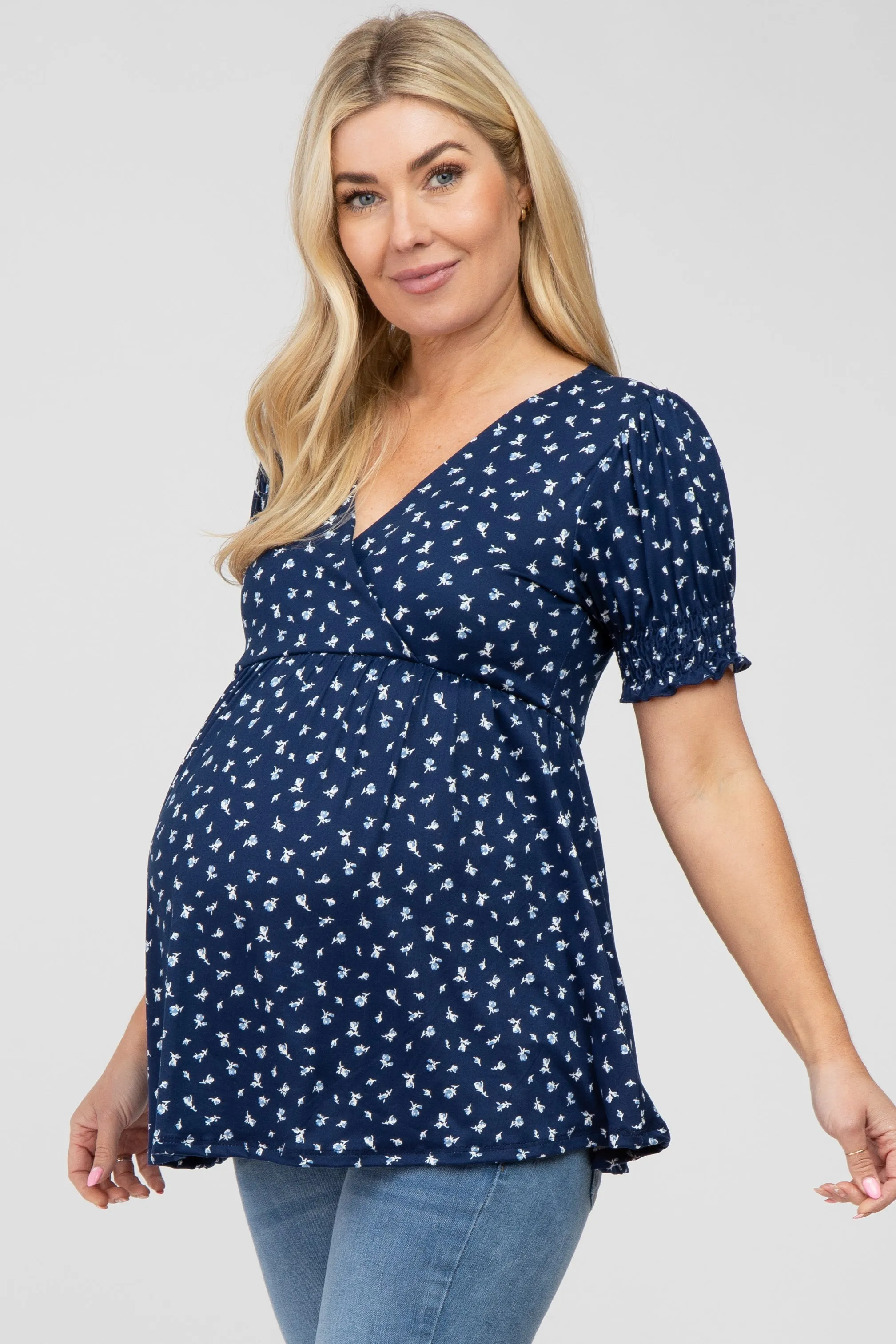 Navy Ditsy Floral Smocked Sleeve Maternity Wrap Top sold by Pinkblush product image thumbnail 2
