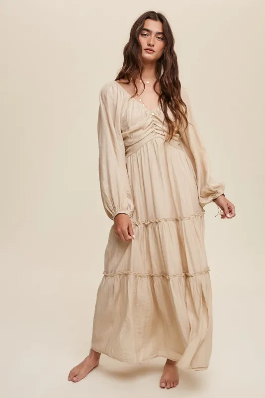 Beige Ruched Front Cutout Back Tiered Maxi Dress sold by Pinkblush