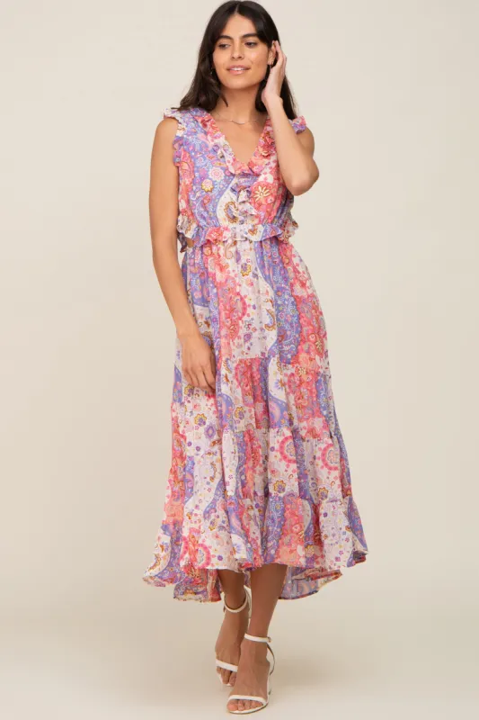 Pink Floral Paisley Ruffle Side Cutout Midi Dress sold by Pinkblush