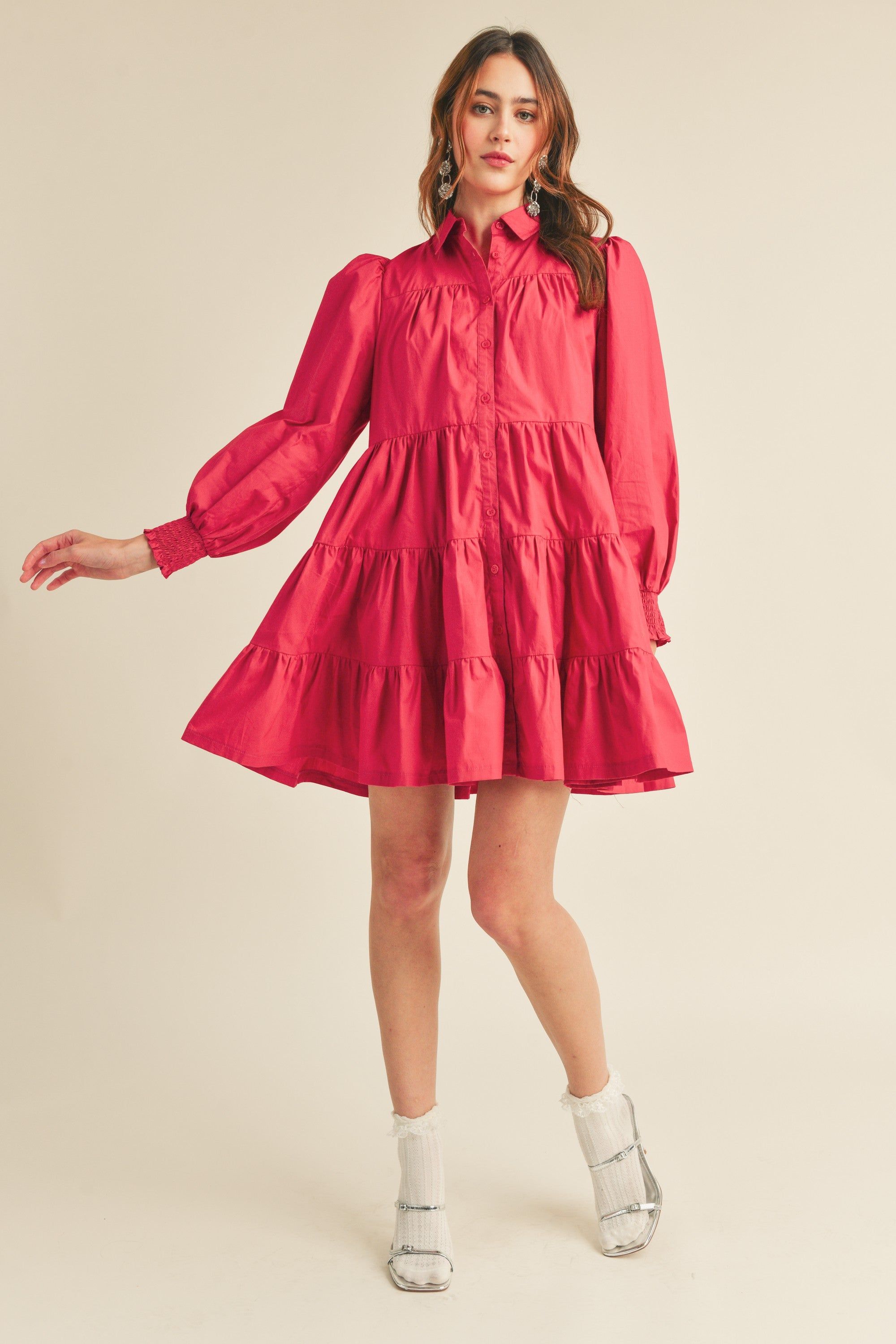 Crimson Red Tiered Button Down Mini Dress sold by Pinkblush product image thumbnail 4