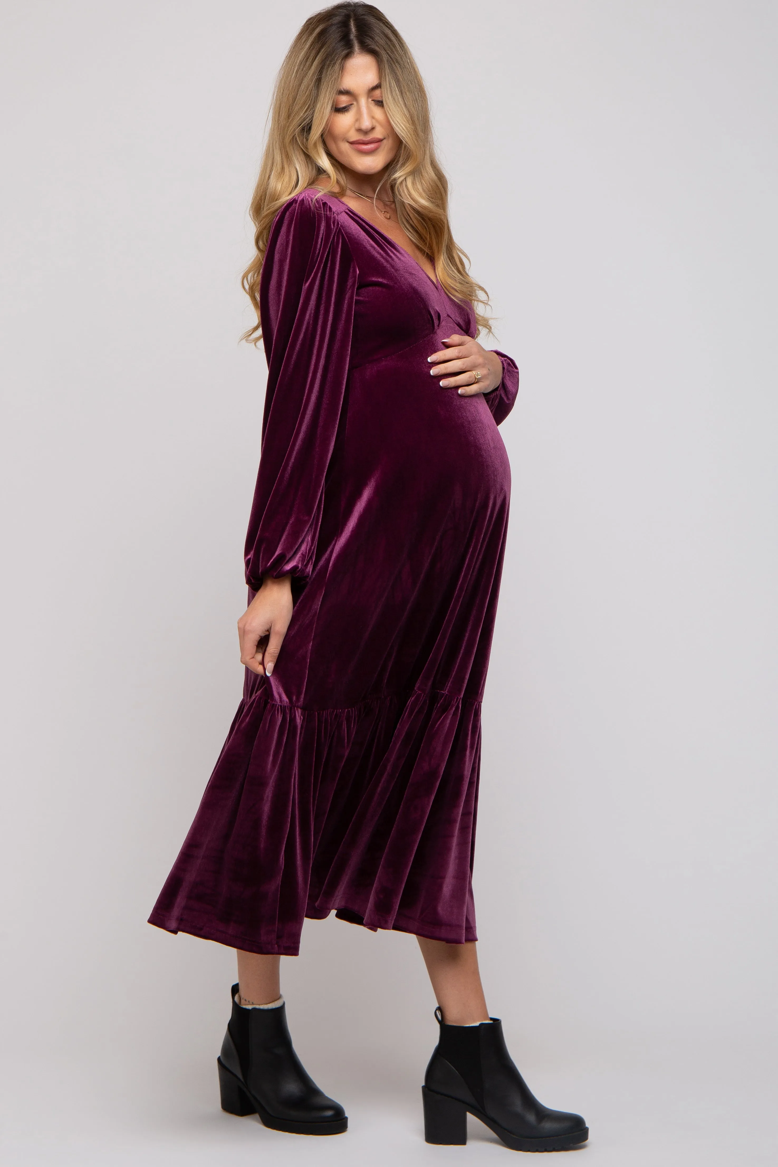 Magenta V-Neck Ruffle Hem Velvet Maternity Midi Dress sold by Pinkblush product image thumbnail 3