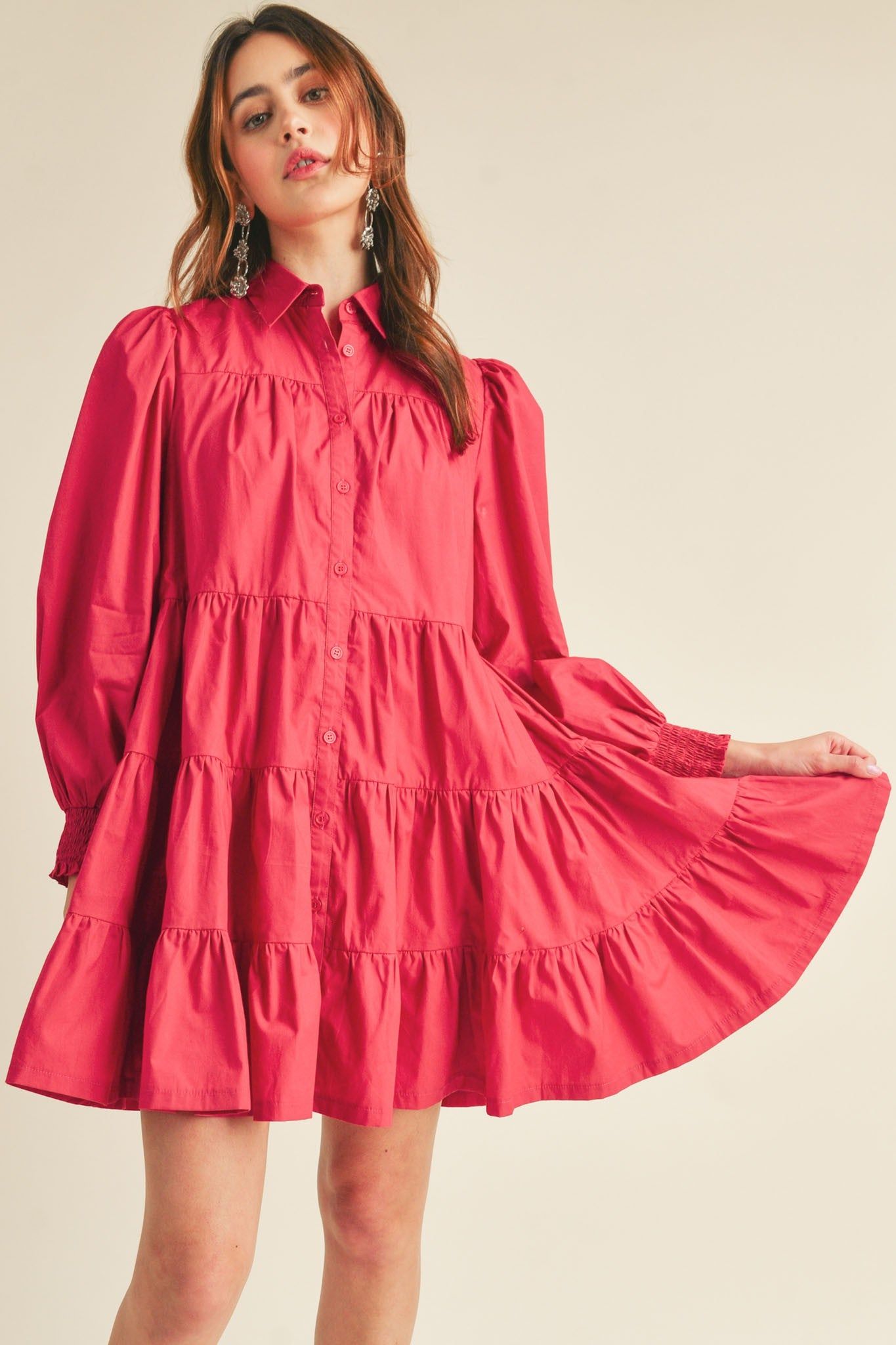 Crimson Red Tiered Button Down Mini Dress sold by Pinkblush