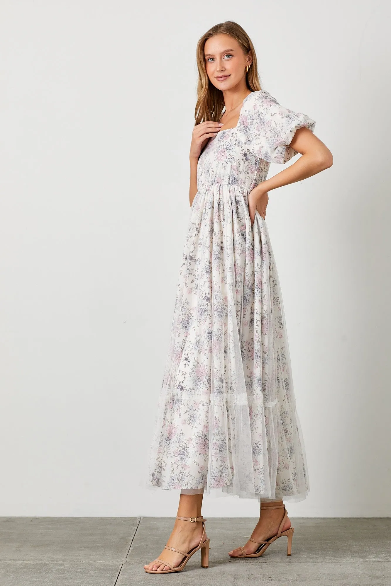 Ivory Floral Mesh Overlay Maxi Dress sold by Pinkblush product image thumbnail 2