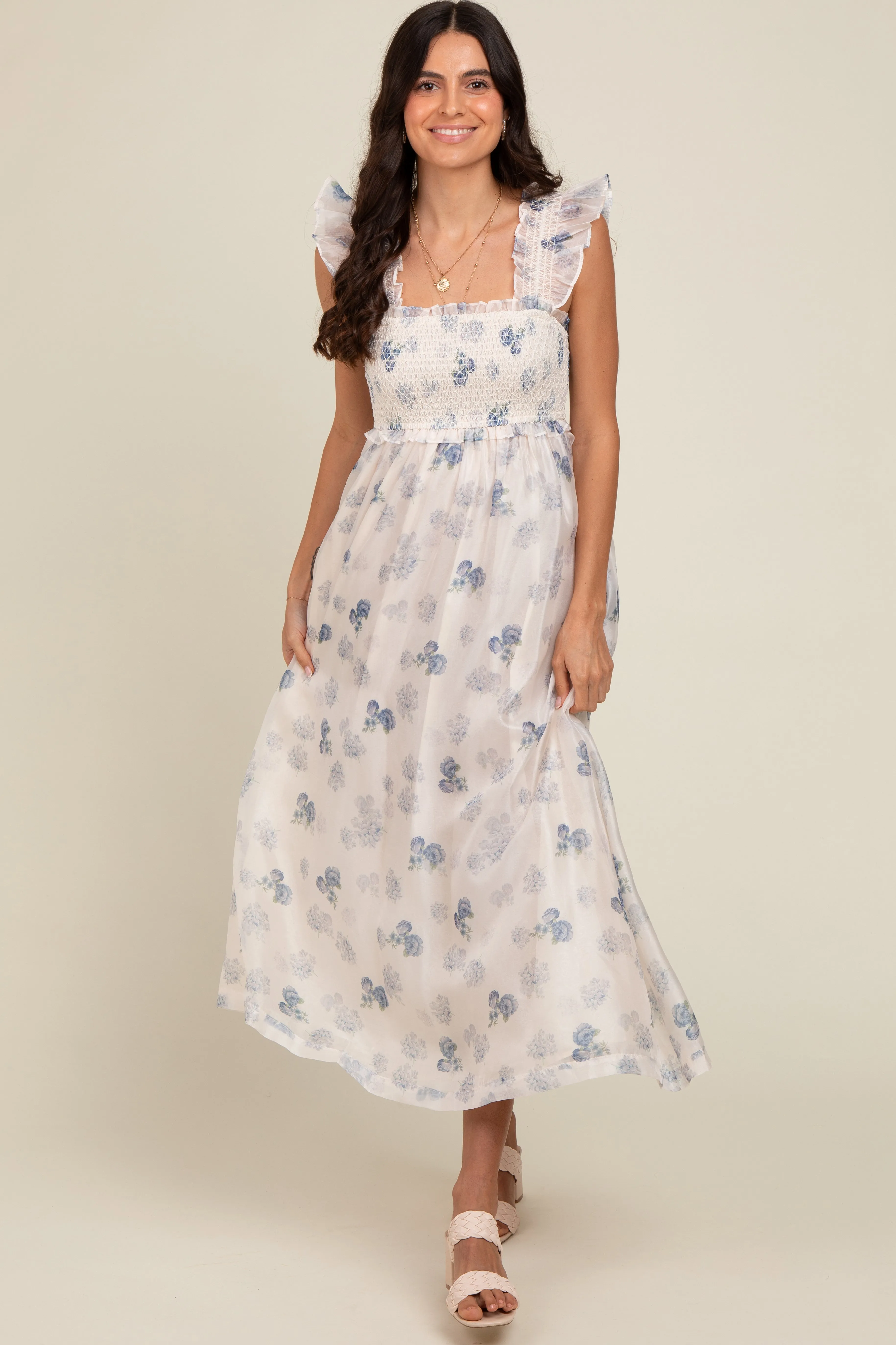 Blue Floral Smocked Midi Dress sold by Pinkblush