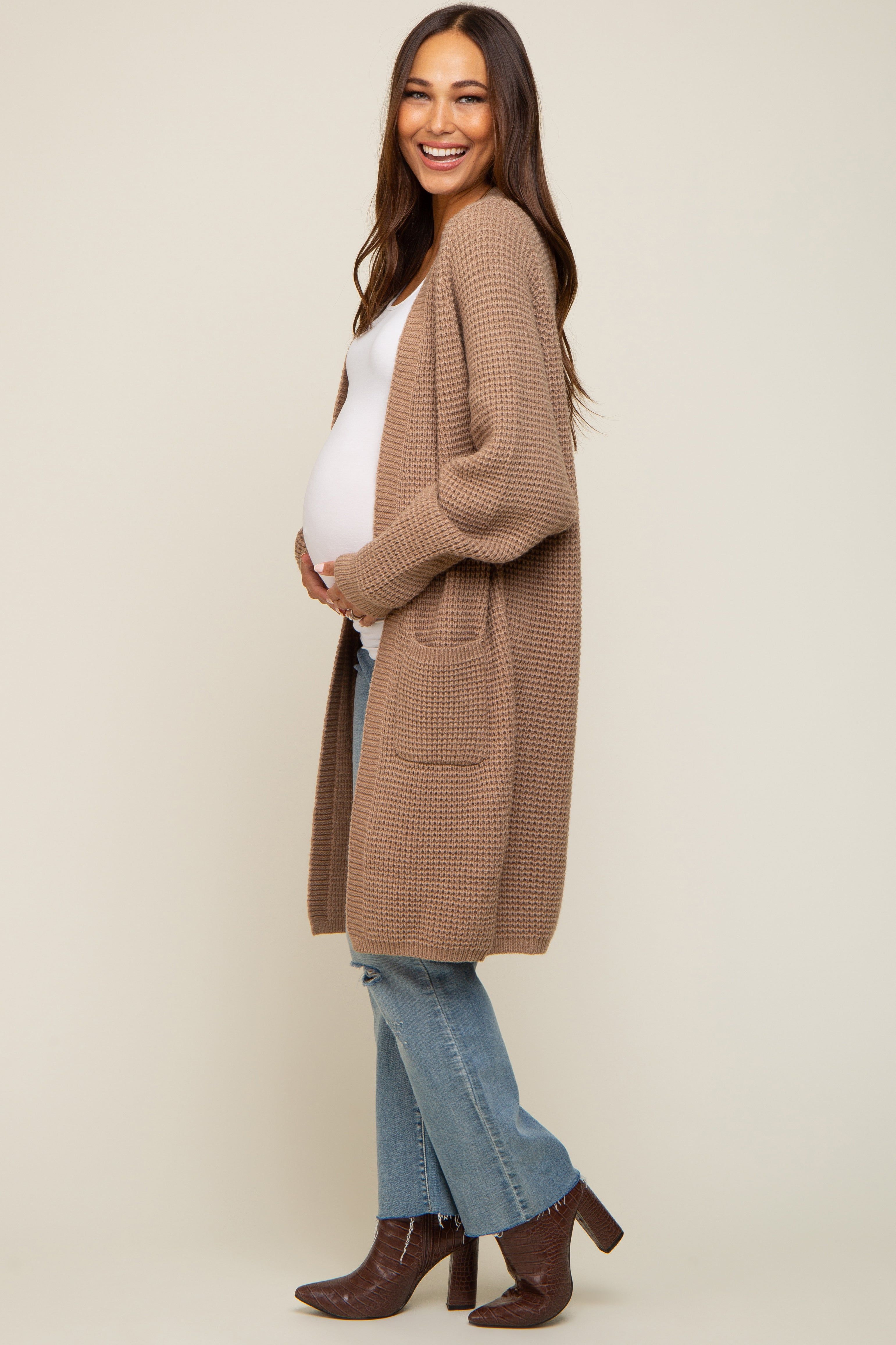 Mocha Chunky Waffle Knit Maternity Cardigan sold by Pinkblush product image thumbnail 3