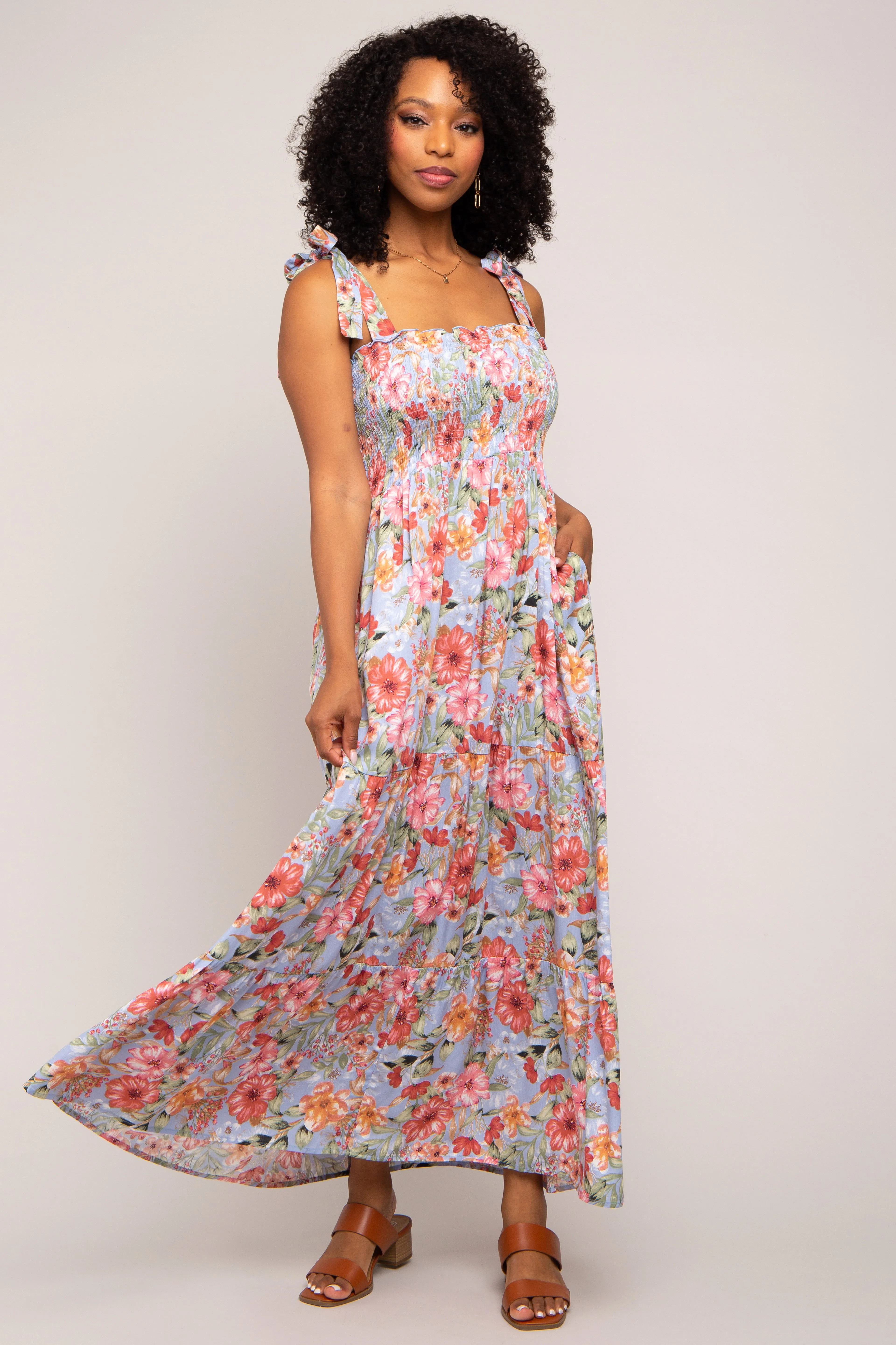 Light Blue Floral Smocked Shoulder Tie Tiered Maxi Dress sold by Pinkblush product image thumbnail 4