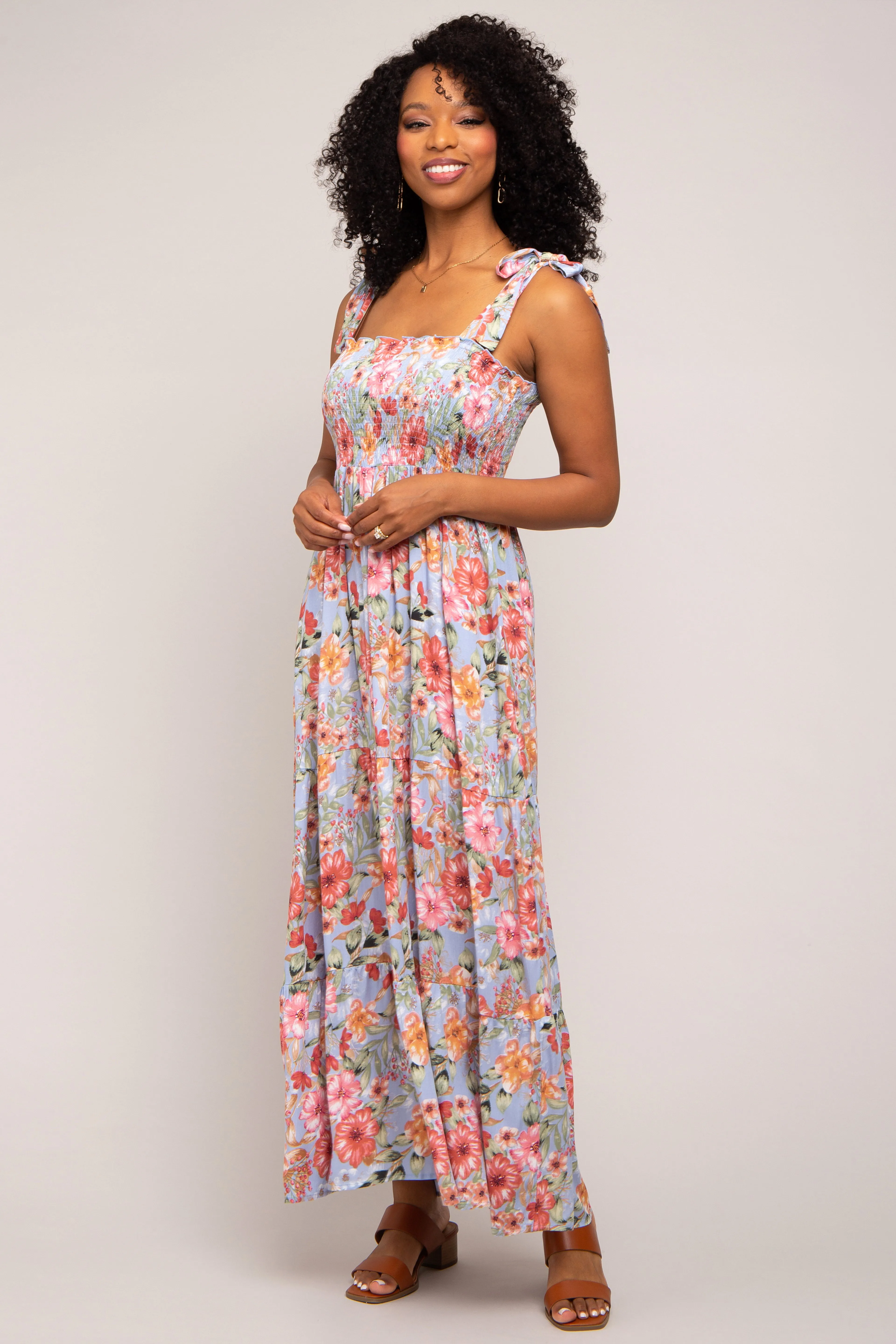 Light Blue Floral Smocked Shoulder Tie Tiered Maxi Dress sold by Pinkblush