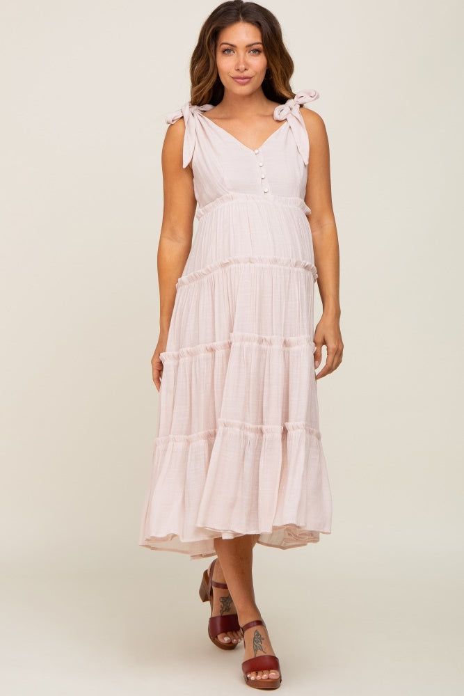 Beige Linen Button Front Shoulder Tie Tiered Maternity Midi Dress sold by Pinkblush product image thumbnail 5