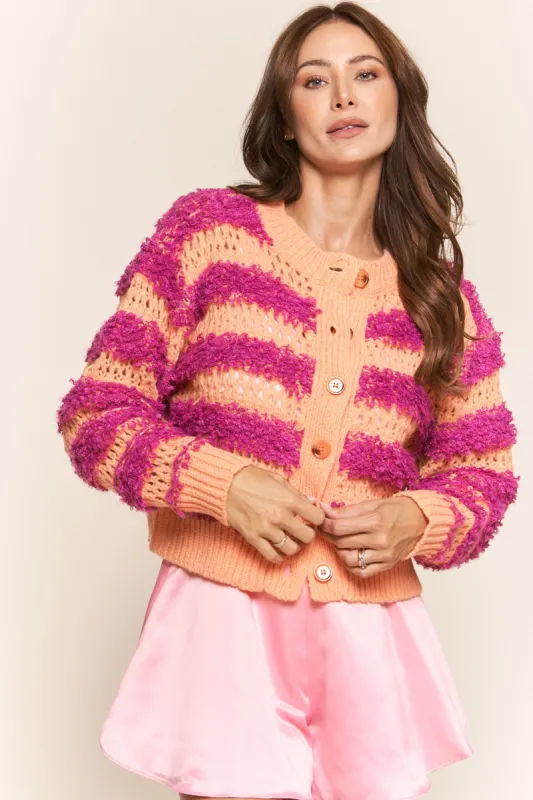 Tangerine Fuchsia Fuzzy Stripe Long Sleeve Cardigan sold by Pinkblush
