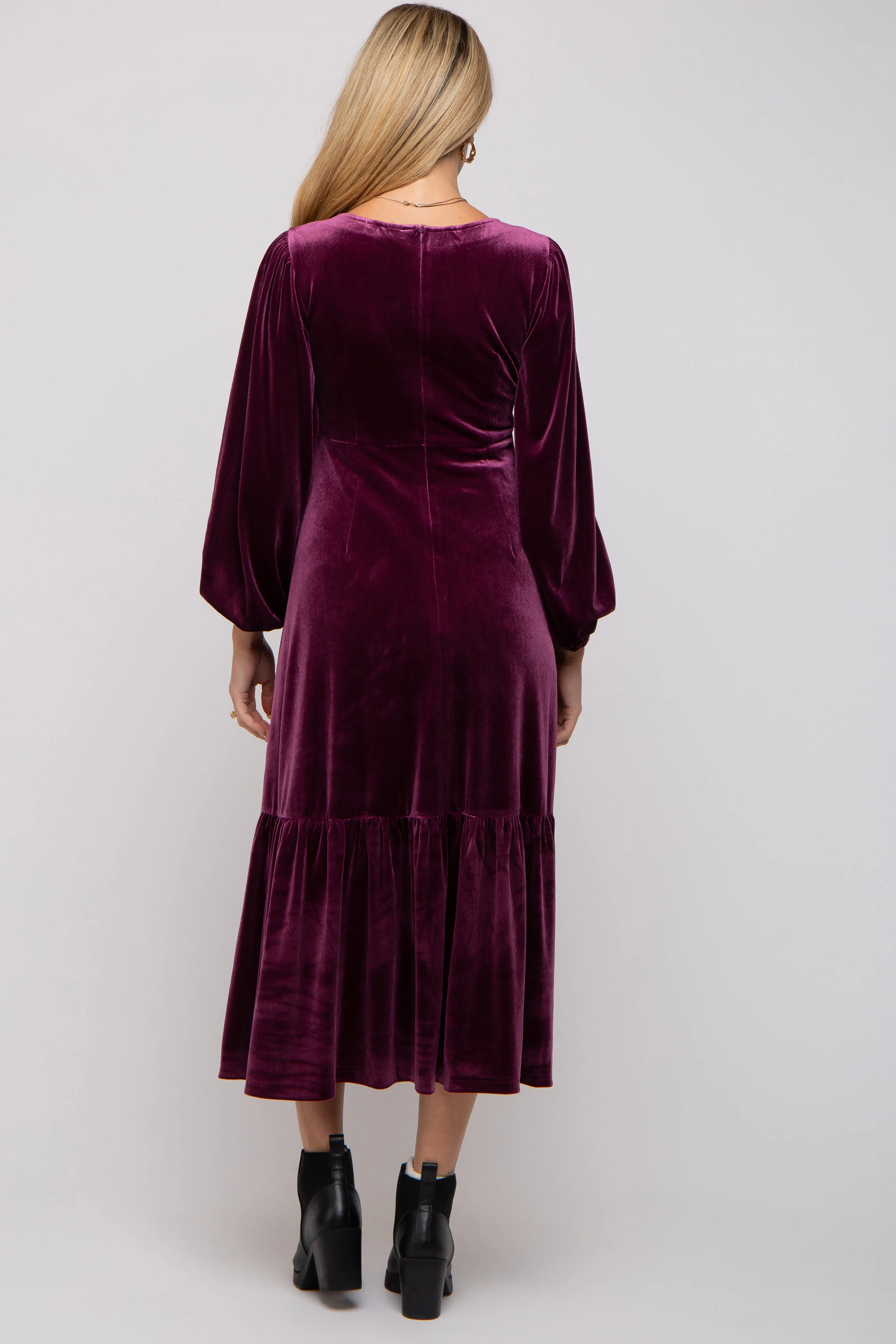 Magenta V-Neck Ruffle Hem Velvet Maternity Midi Dress sold by Pinkblush product image thumbnail 4