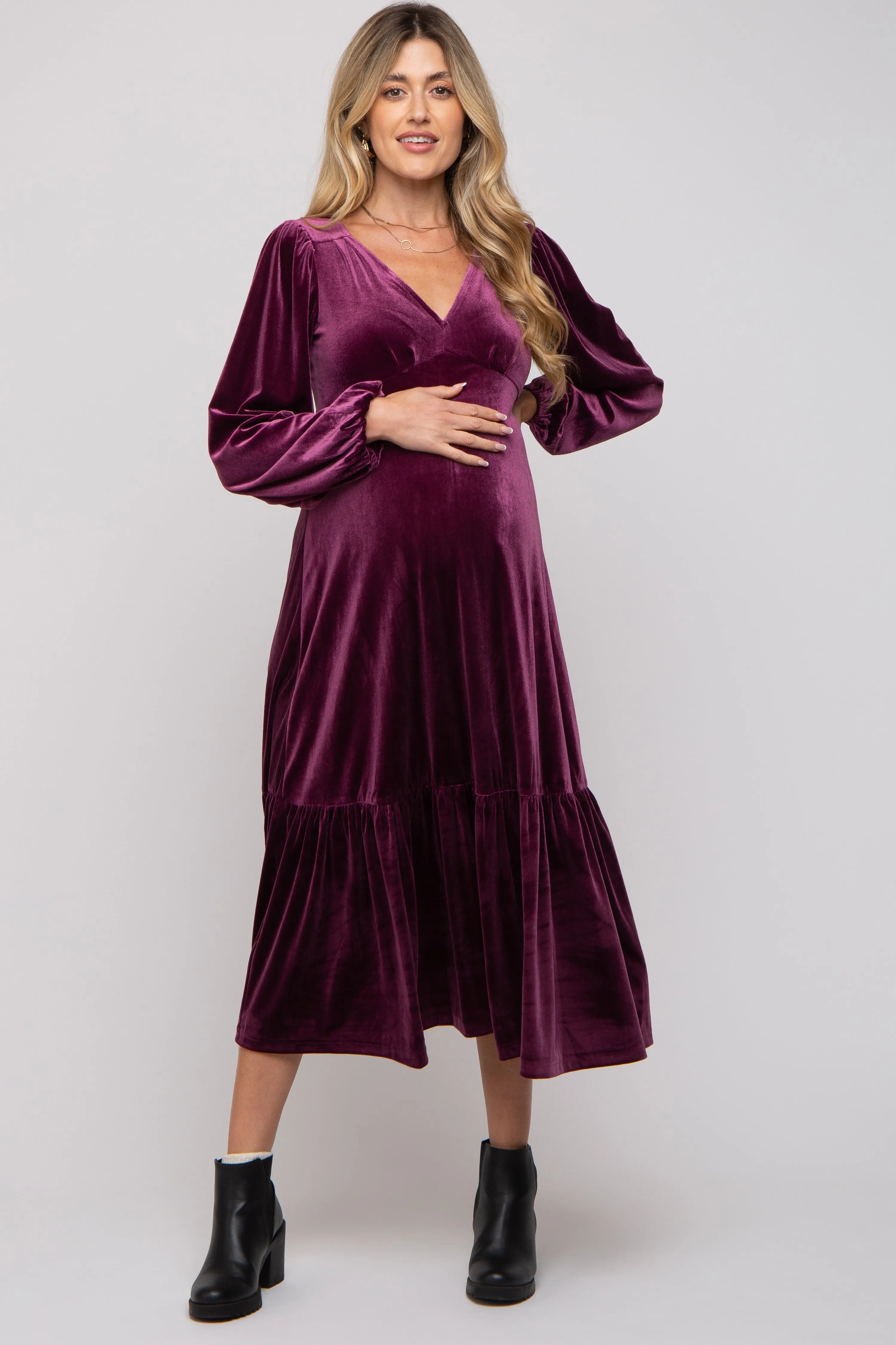 Magenta V-Neck Ruffle Hem Velvet Maternity Midi Dress sold by Pinkblush