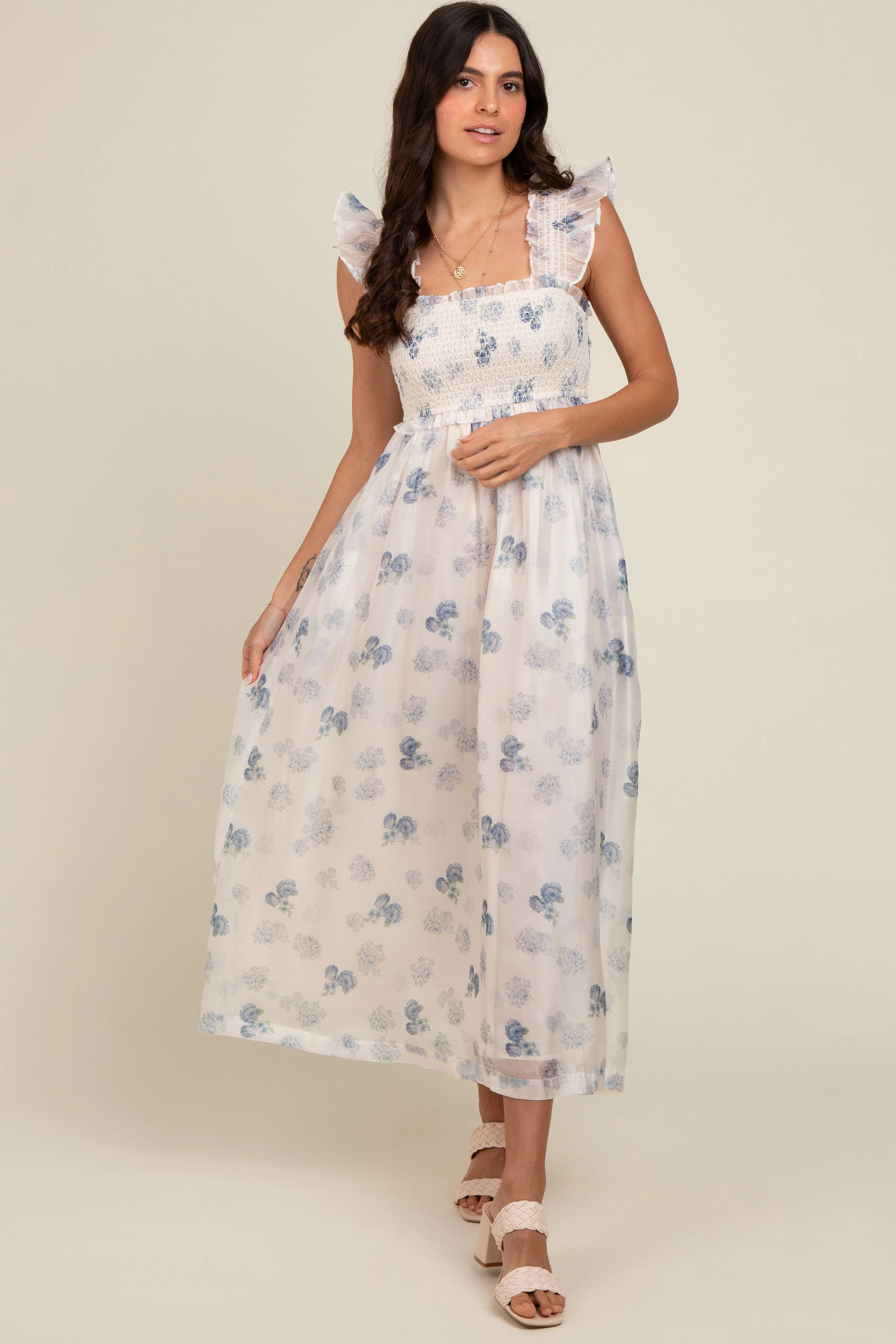 Blue Floral Smocked Midi Dress sold by Pinkblush product image thumbnail 2