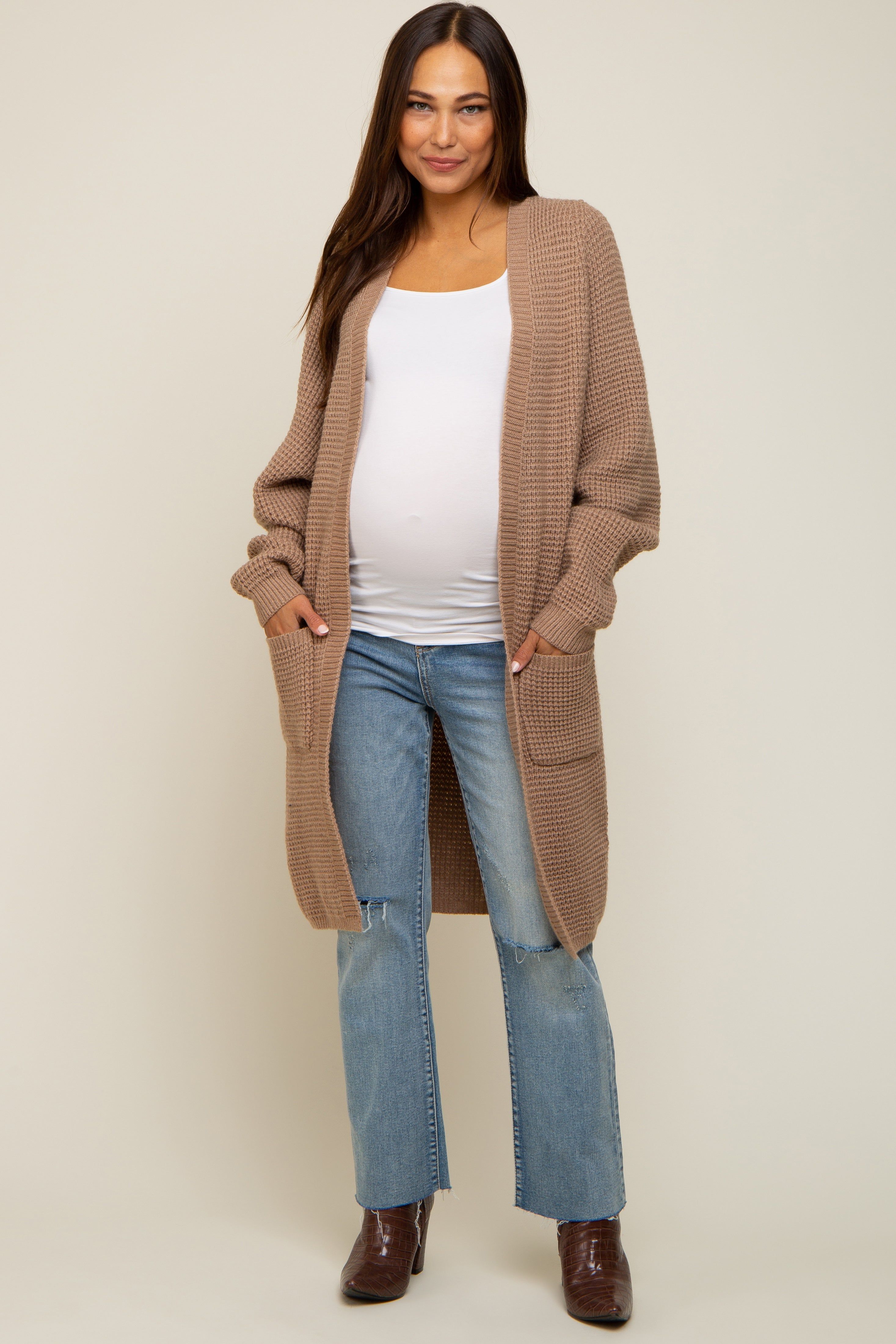 Mocha Chunky Waffle Knit Maternity Cardigan sold by Pinkblush