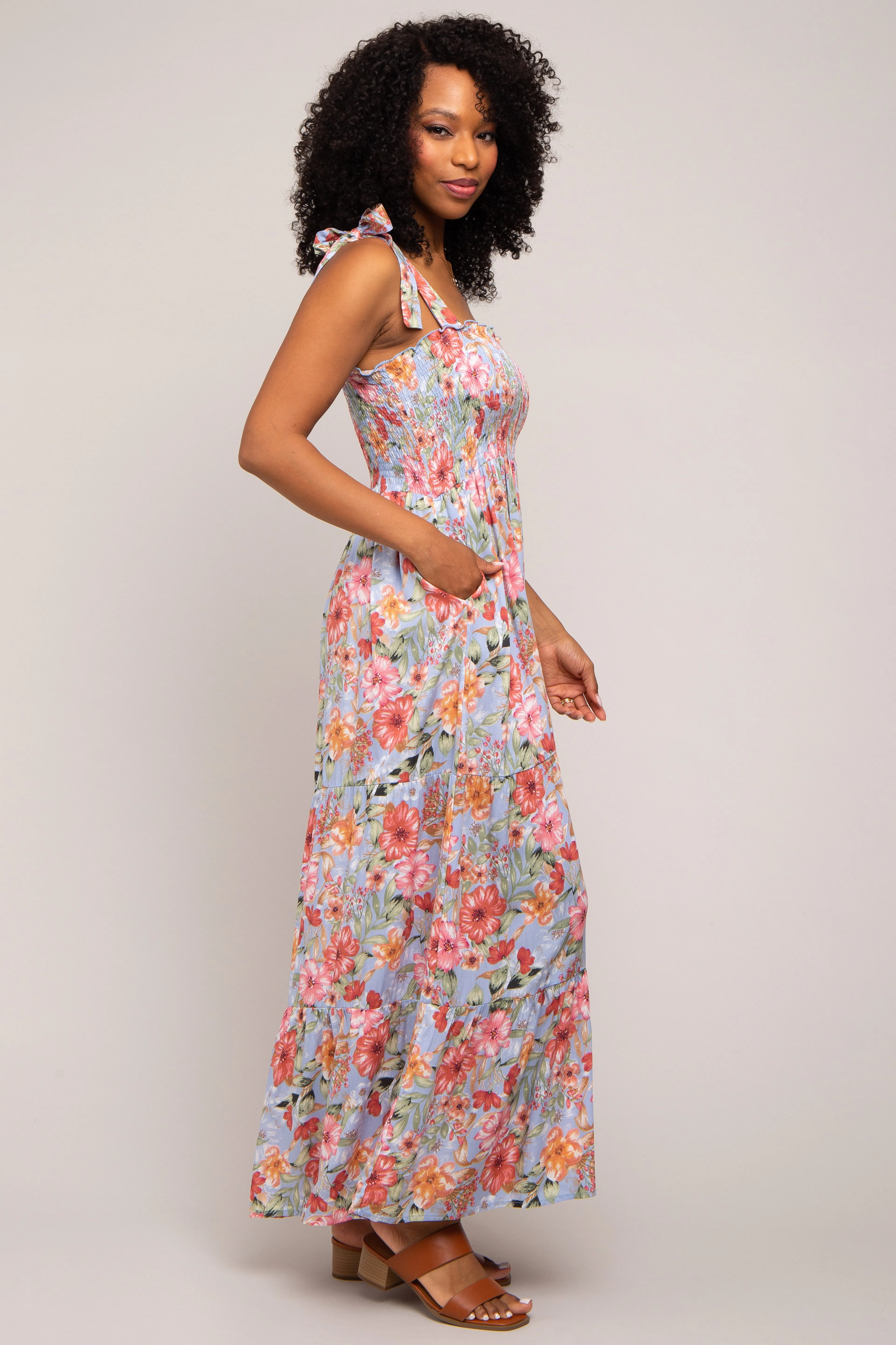 Light Blue Floral Smocked Shoulder Tie Tiered Maxi Dress sold by Pinkblush product image thumbnail 2