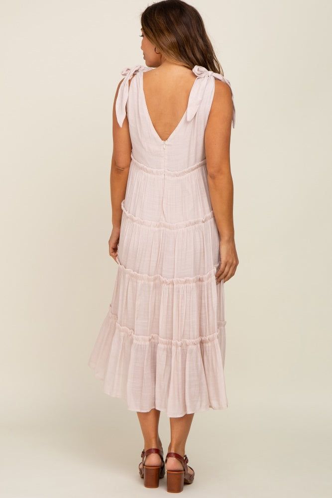 Beige Linen Button Front Shoulder Tie Tiered Maternity Midi Dress sold by Pinkblush product image thumbnail 3