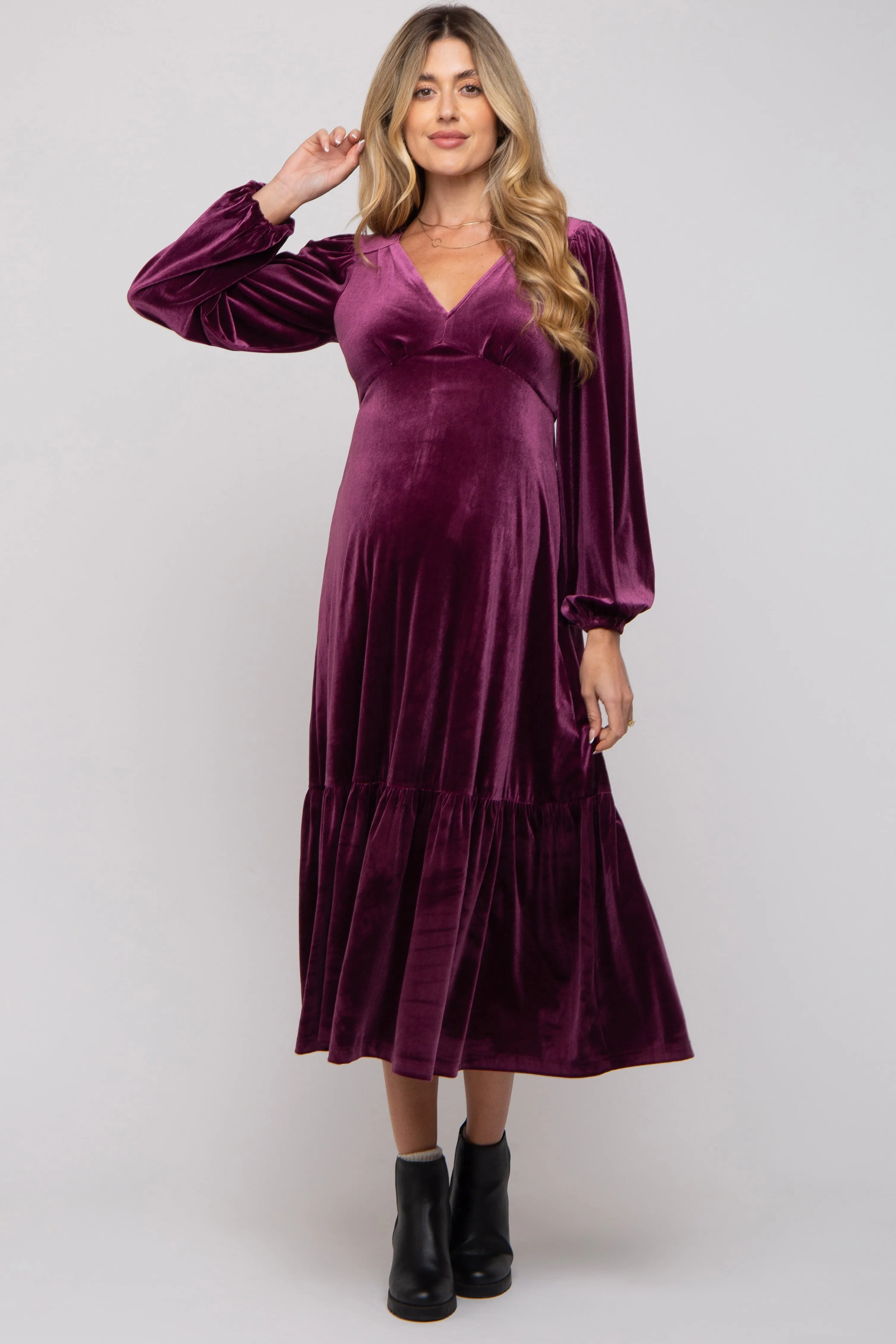 Magenta V-Neck Ruffle Hem Velvet Maternity Midi Dress sold by Pinkblush product image thumbnail 2