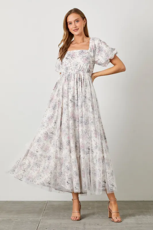 Ivory Floral Mesh Overlay Maxi Dress sold by Pinkblush