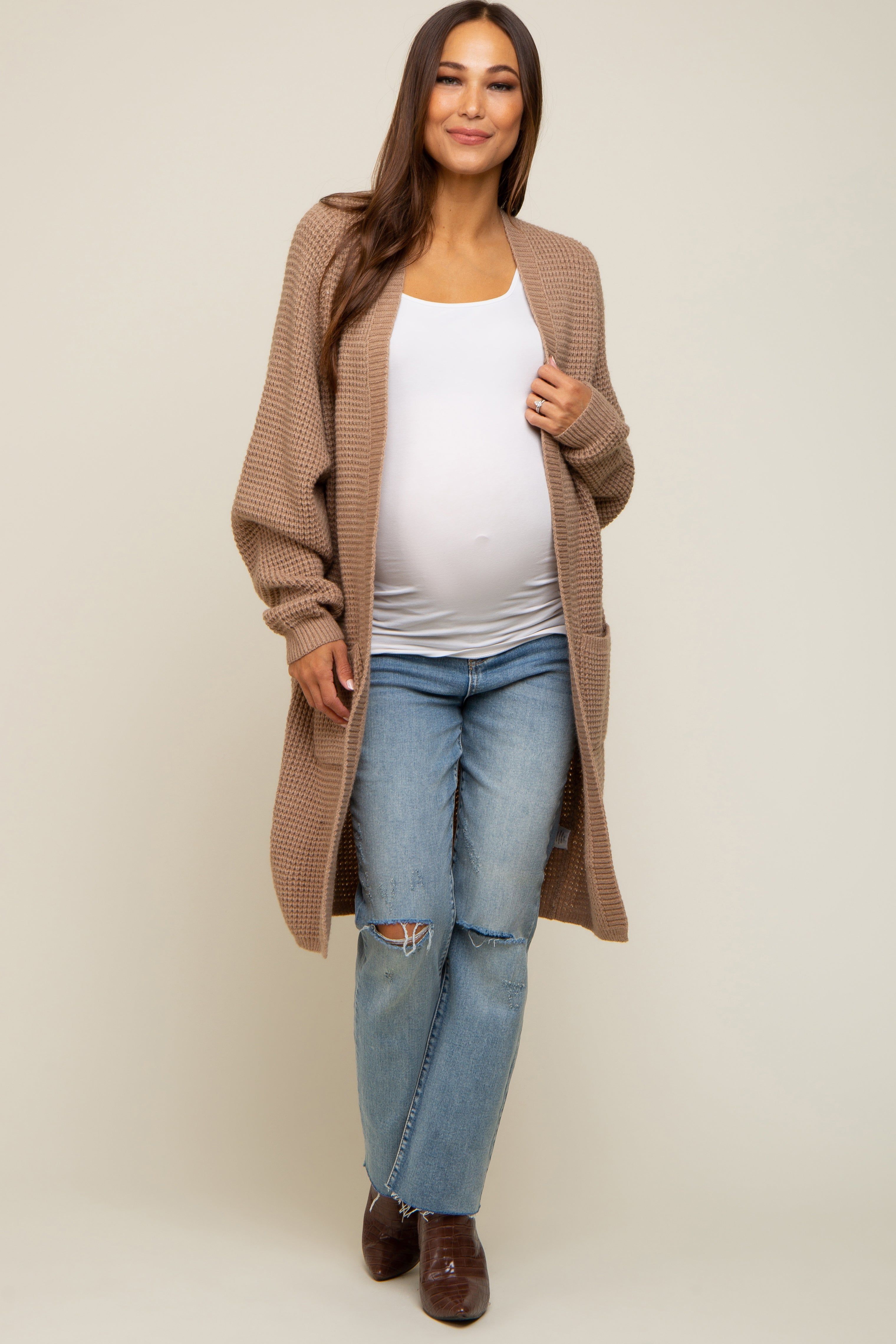 Mocha Chunky Waffle Knit Maternity Cardigan sold by Pinkblush product image thumbnail 2