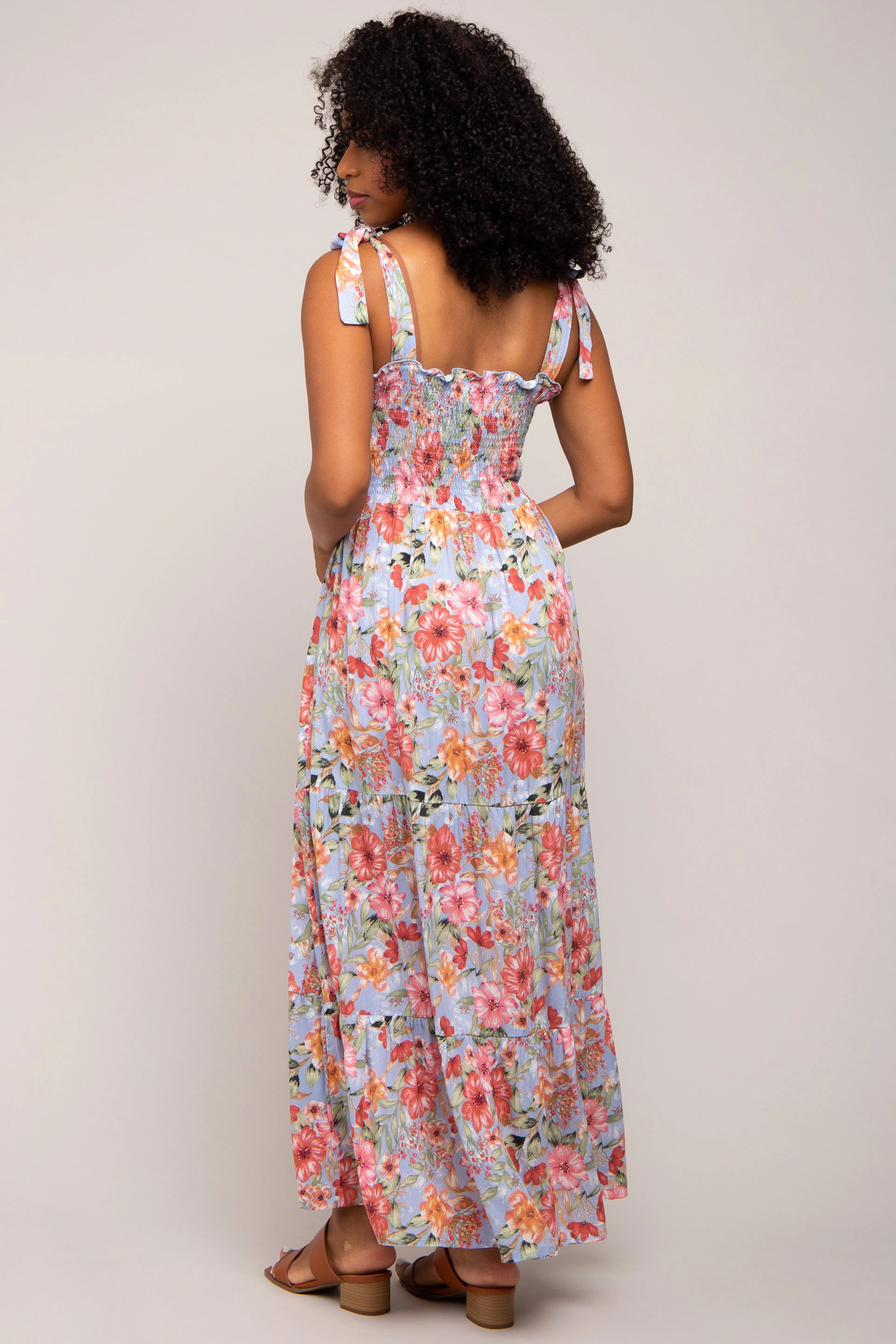 Light Blue Floral Smocked Shoulder Tie Tiered Maxi Dress sold by Pinkblush product image thumbnail 3