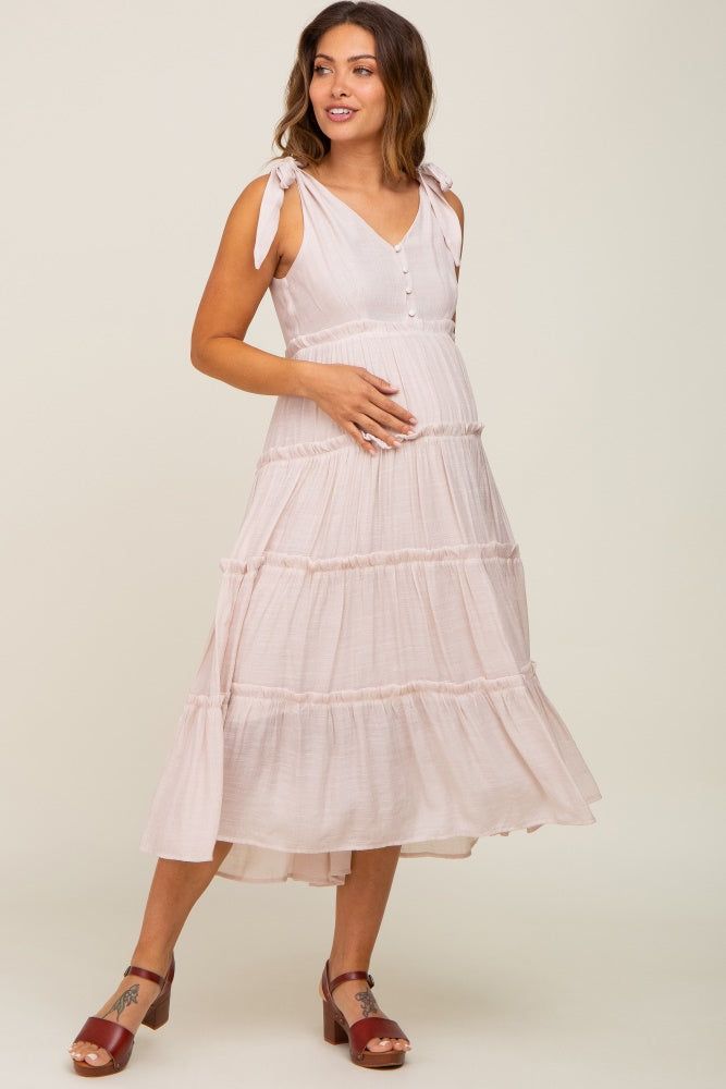 Beige Linen Button Front Shoulder Tie Tiered Maternity Midi Dress sold by Pinkblush product image thumbnail 4