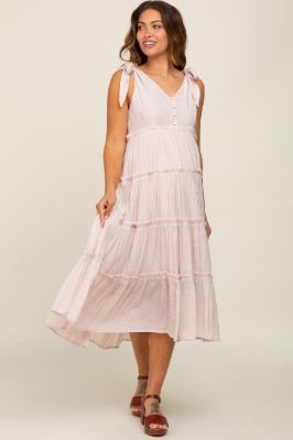 Beige Linen Button Front Shoulder Tie Tiered Maternity Midi Dress sold by Pinkblush