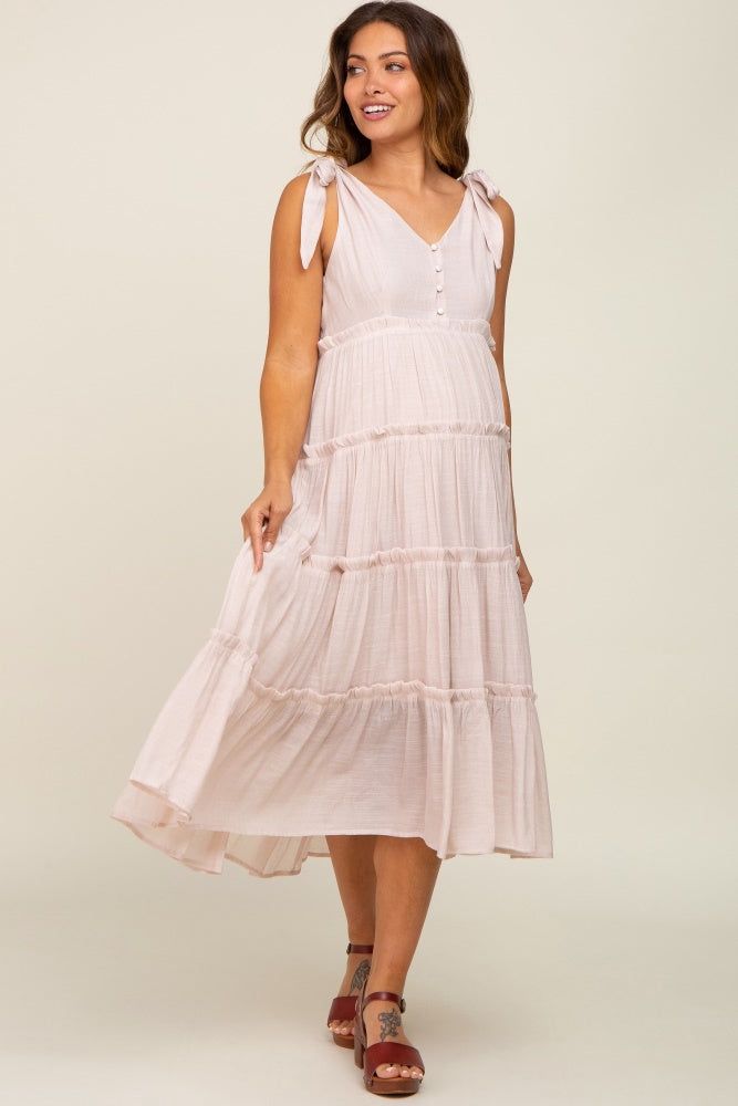 Beige Linen Button Front Shoulder Tie Tiered Maternity Midi Dress sold by Pinkblush