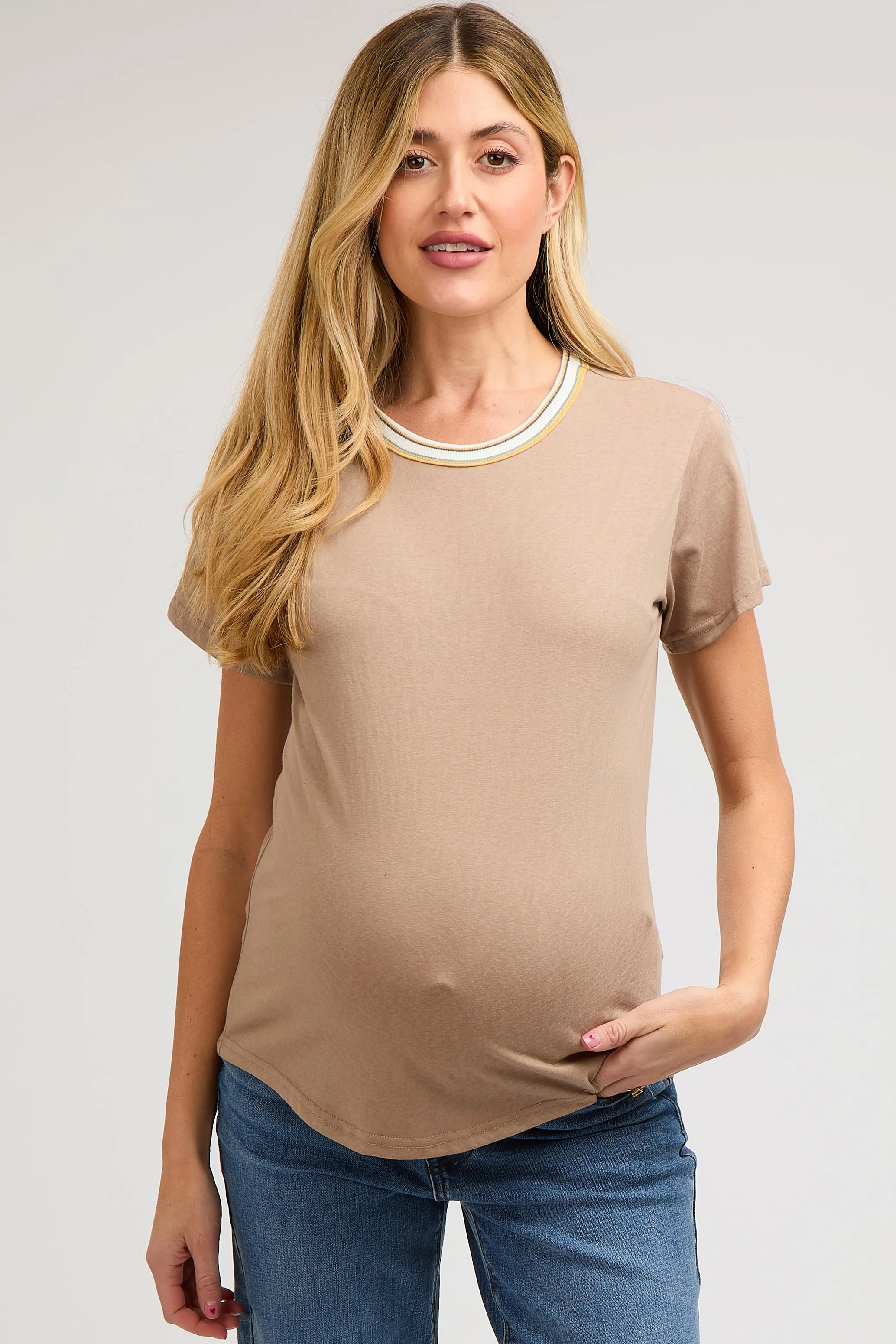 Taupe Contrast Neck Band Short Sleeve Maternity Top sold by Pinkblush