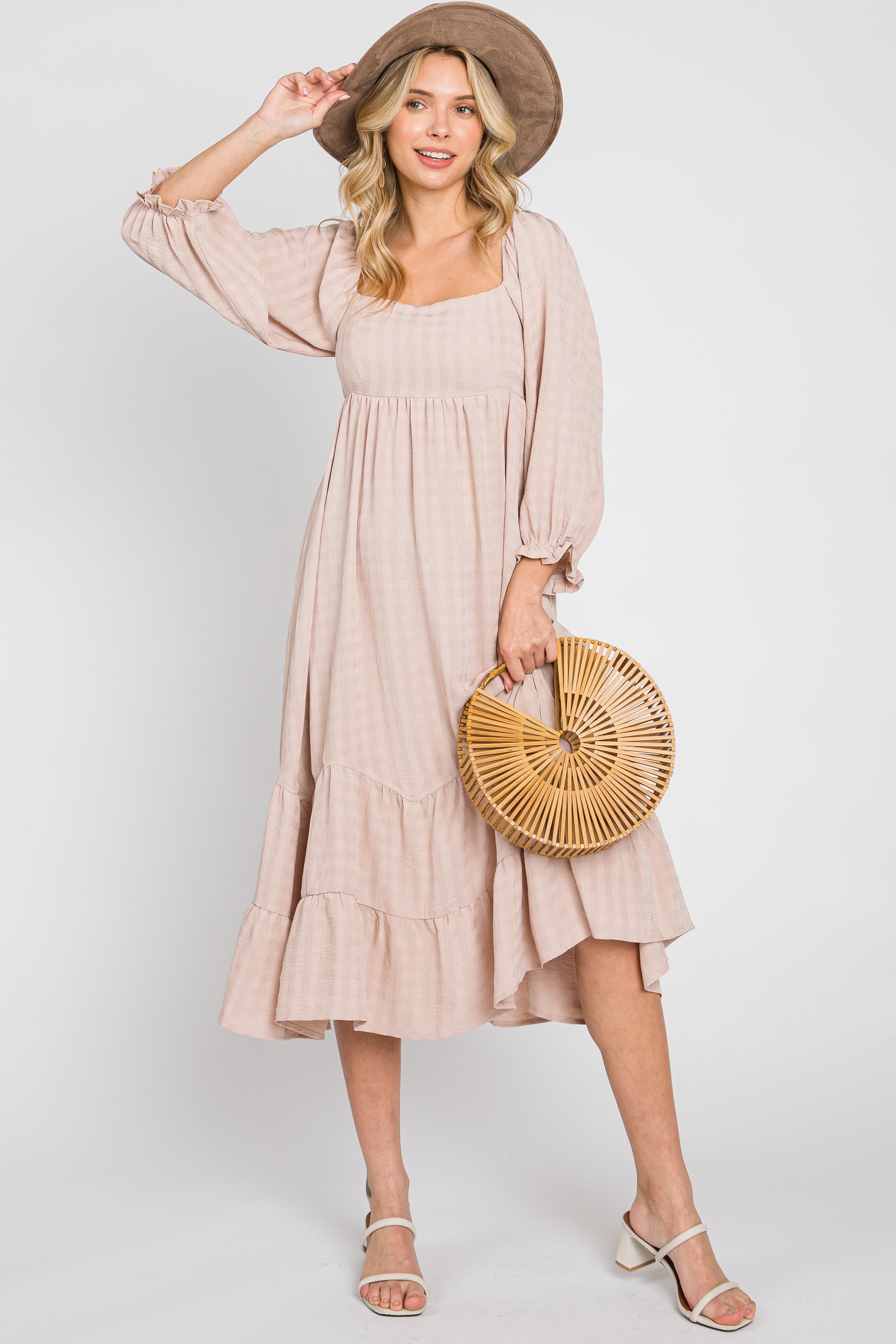Beige Striped 3/4 Cinched Sleeve Tiered Maternity Midi Dress sold by Pinkblush product image thumbnail 5