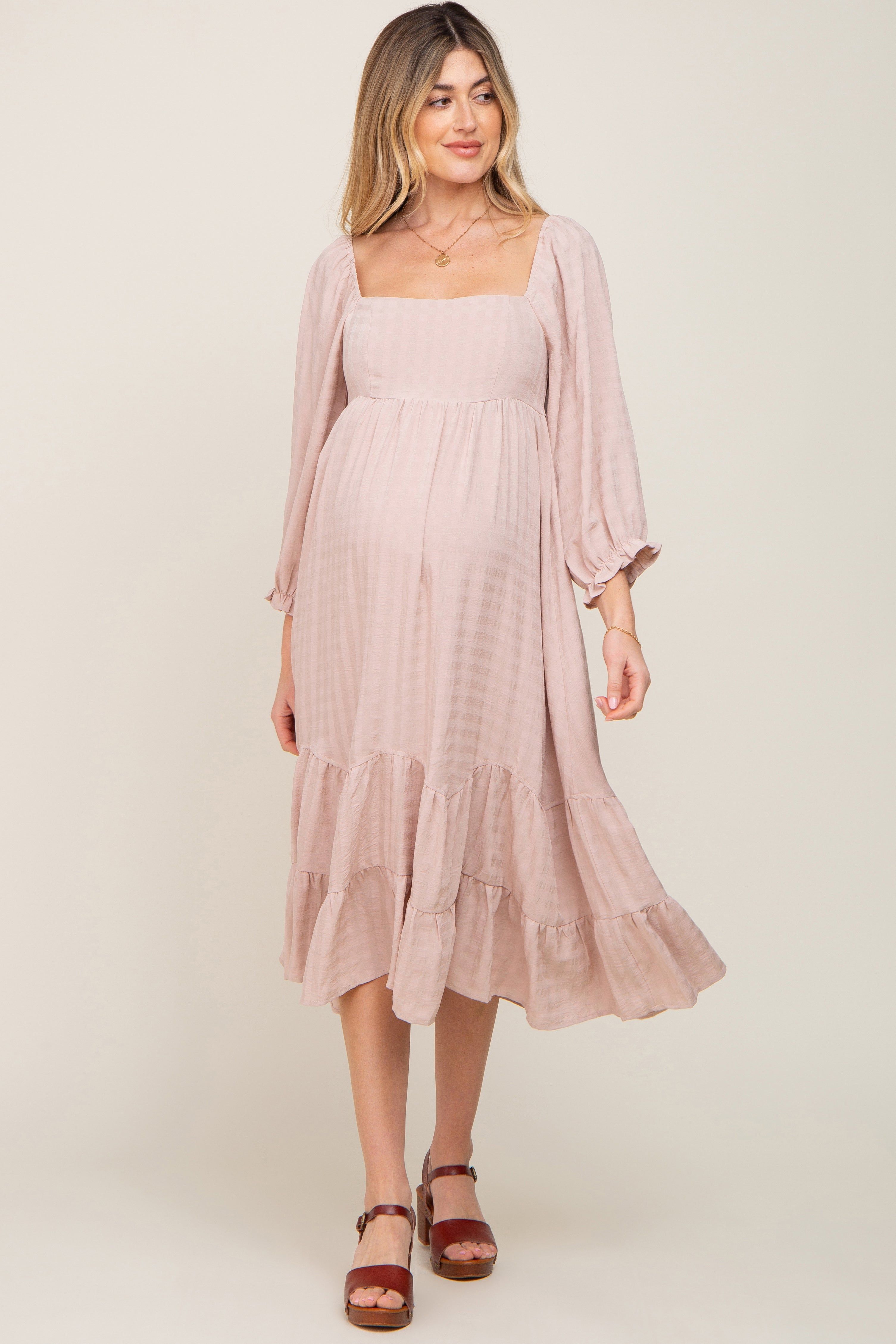 Beige Striped 3/4 Cinched Sleeve Tiered Maternity Midi Dress sold by Pinkblush product image thumbnail 2