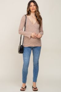 Taupe Ribbed Long Sleeve Wrap Maternity Nursing Top sold by Pinkblush