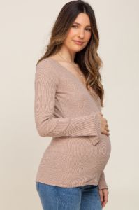 Taupe Ribbed Long Sleeve Wrap Maternity Nursing Top sold by Pinkblush