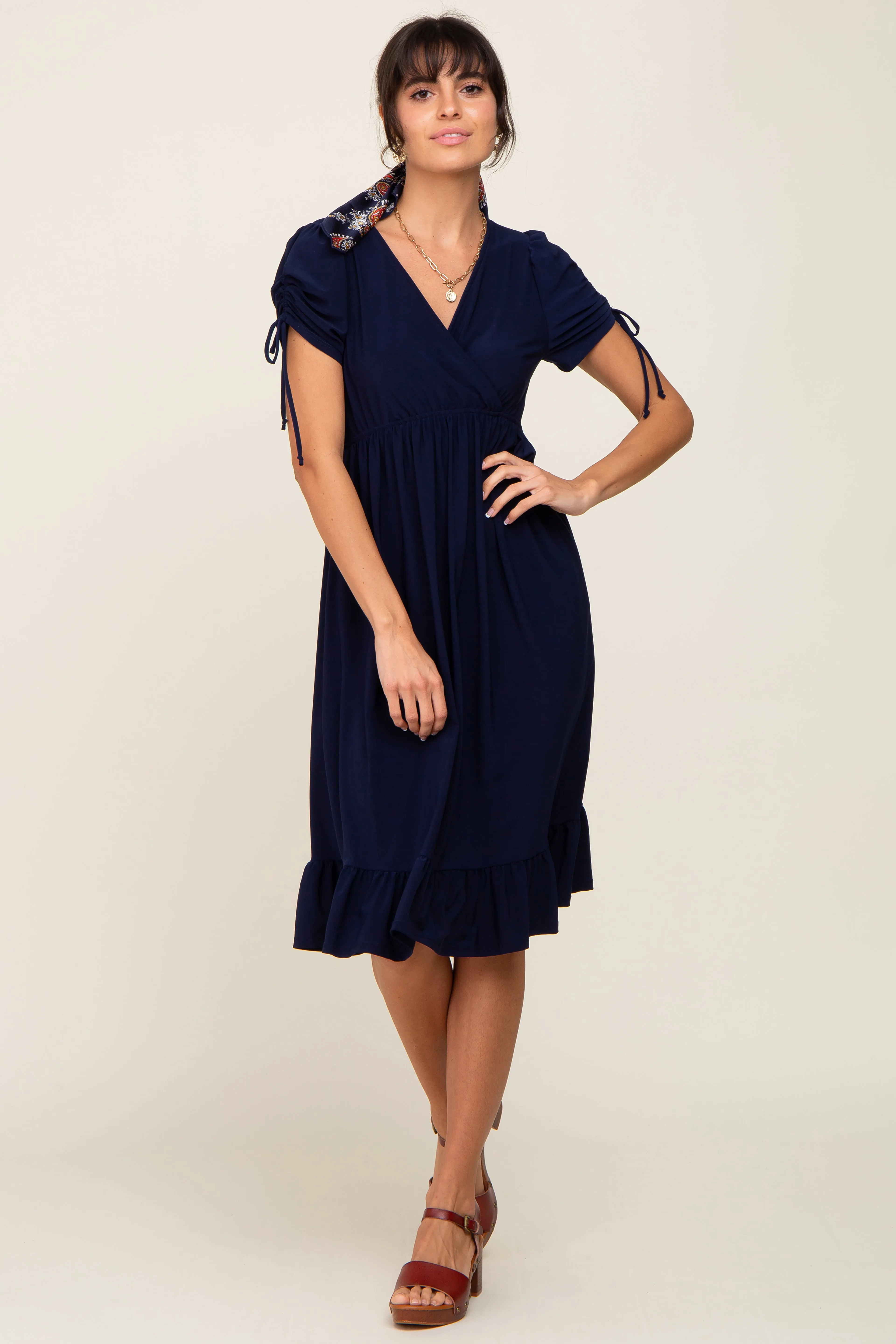 Navy Cinched Sleeve Midi Dress sold by Pinkblush