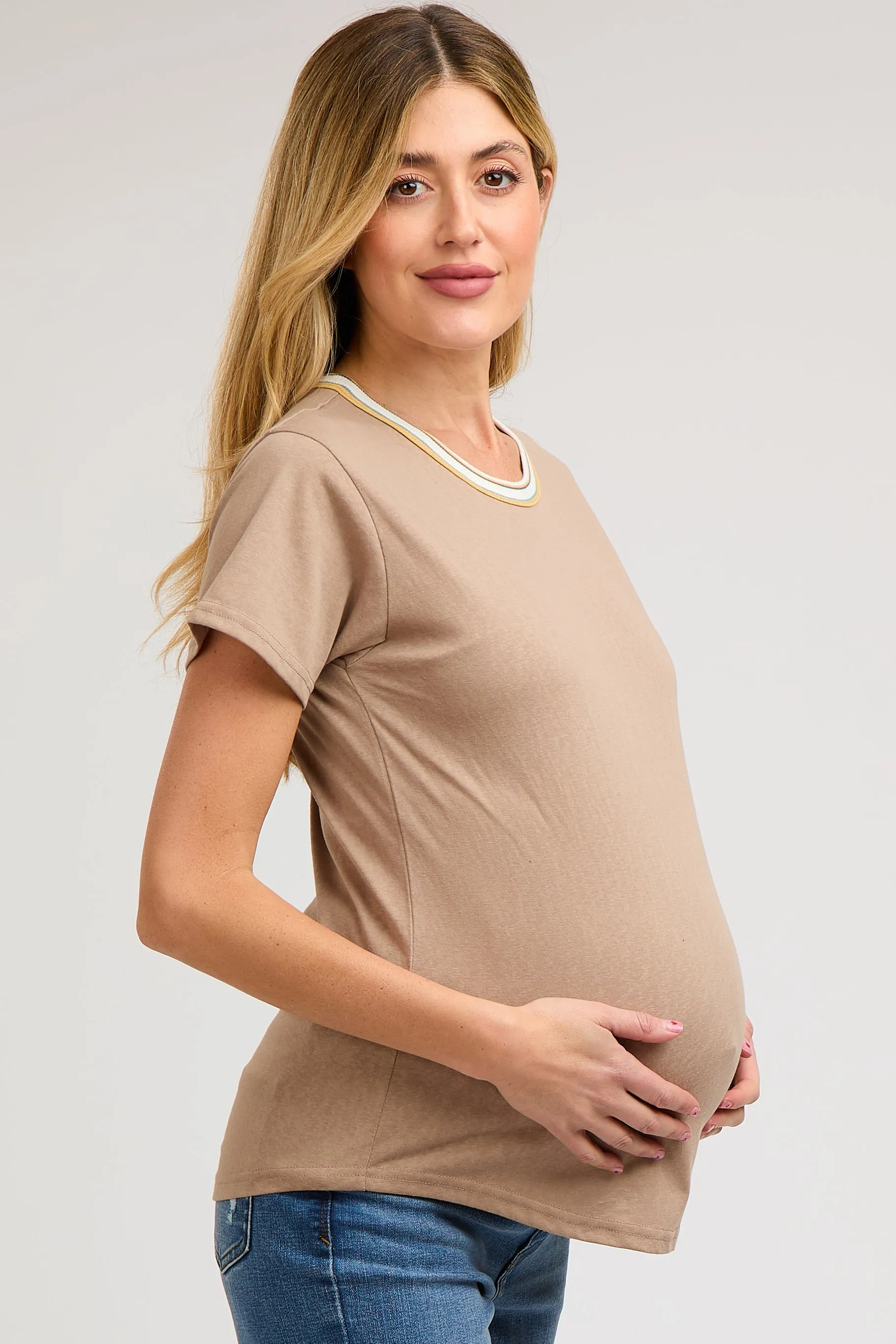 Taupe Contrast Neck Band Short Sleeve Maternity Top sold by Pinkblush product image thumbnail 2