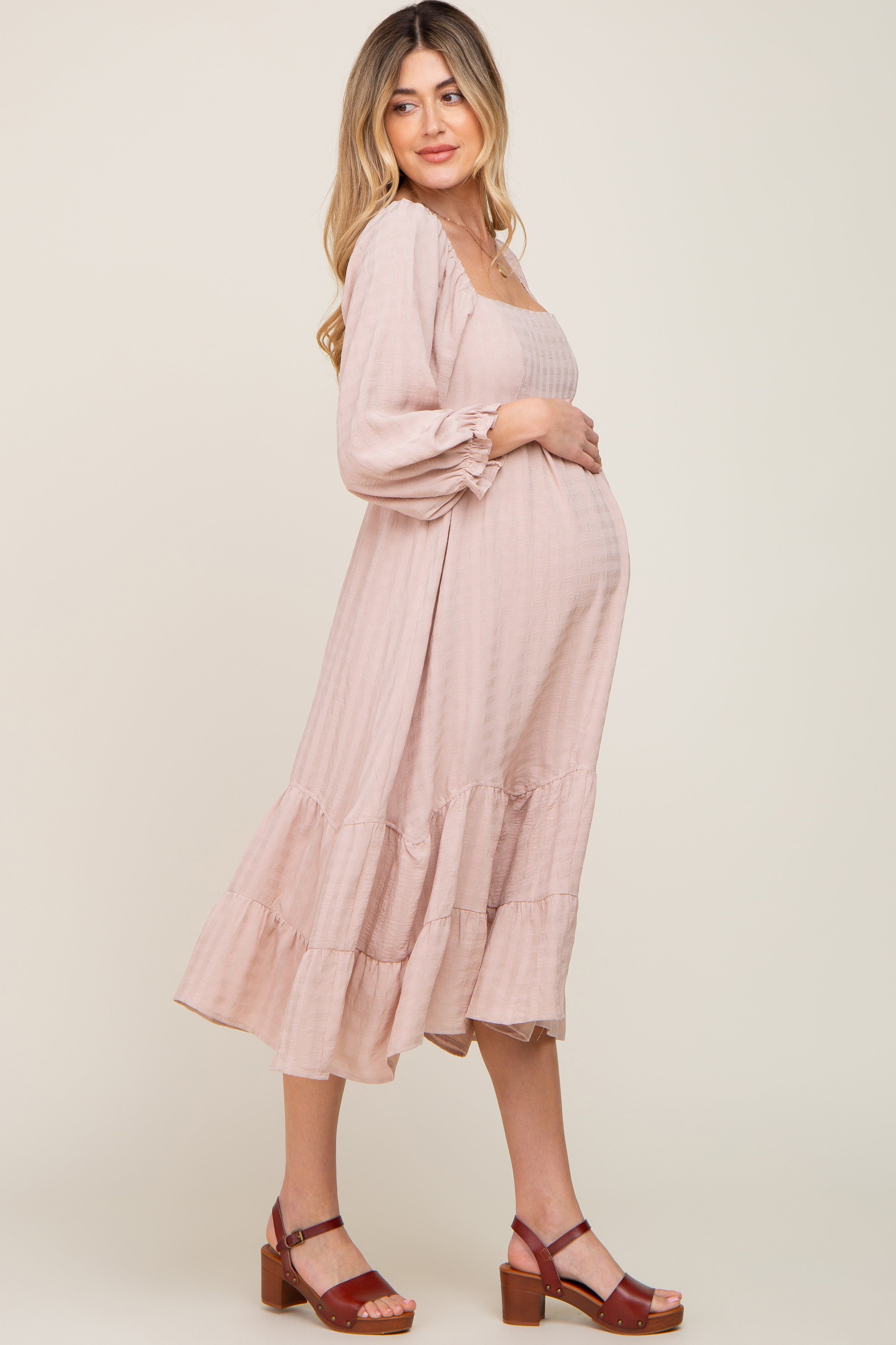 Beige Striped 3/4 Cinched Sleeve Tiered Maternity Midi Dress sold by Pinkblush product image thumbnail 3