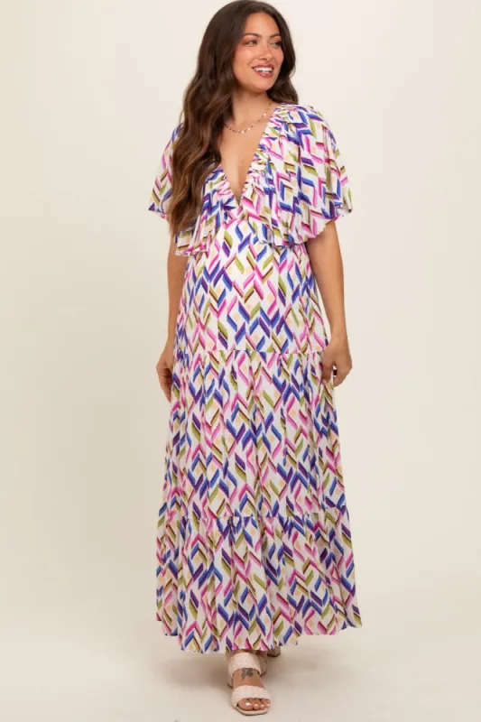Multicolor Printed Deep V-Neck Tiered Maternity Maxi Dress sold by Pinkblush