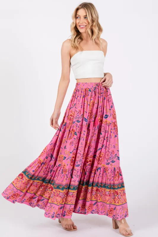 Pink Floral Tiered Maxi Skirt sold by Pinkblush