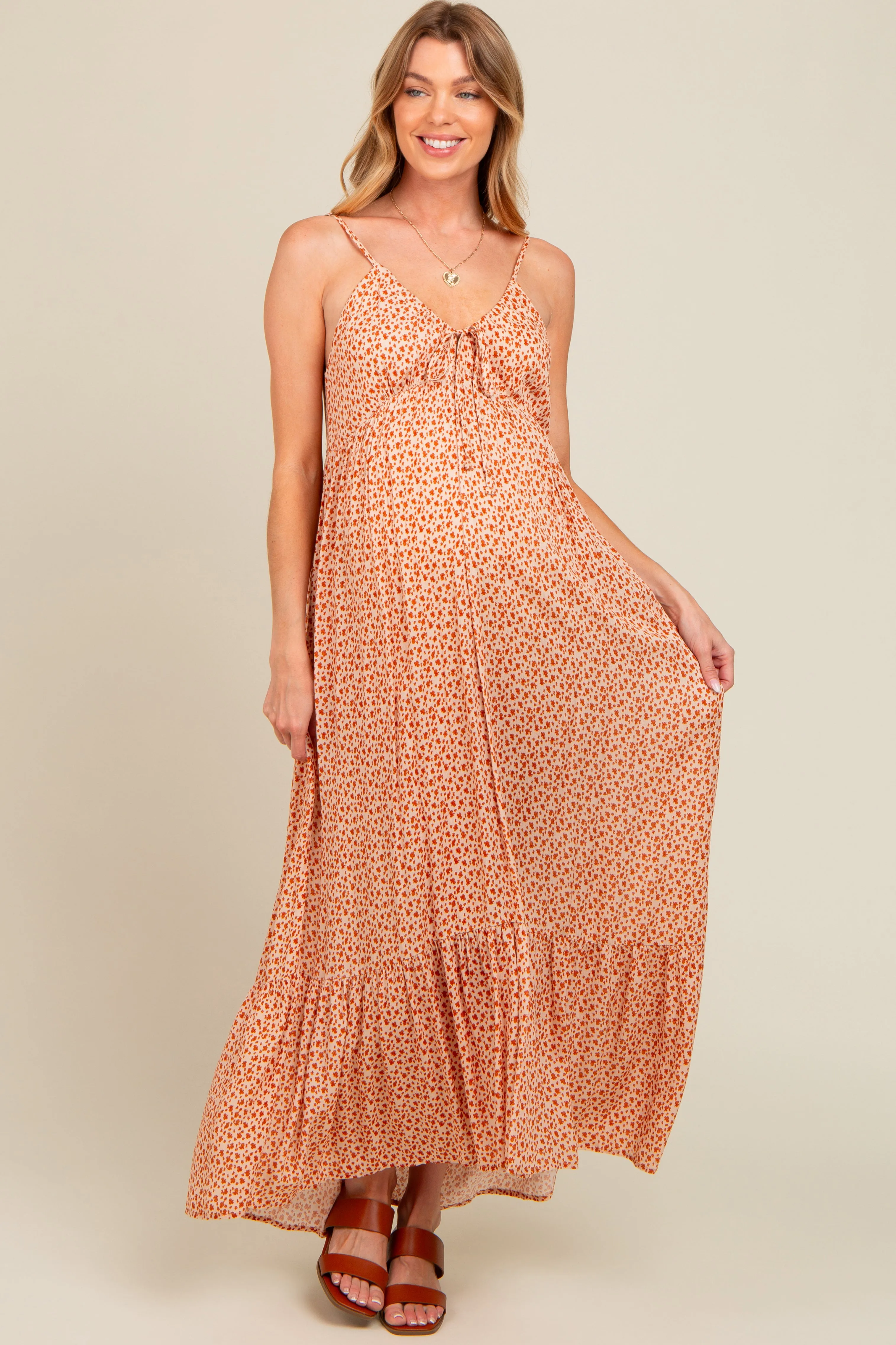 Beige Floral Tie Front Maternity Maxi Dress sold by Pinkblush