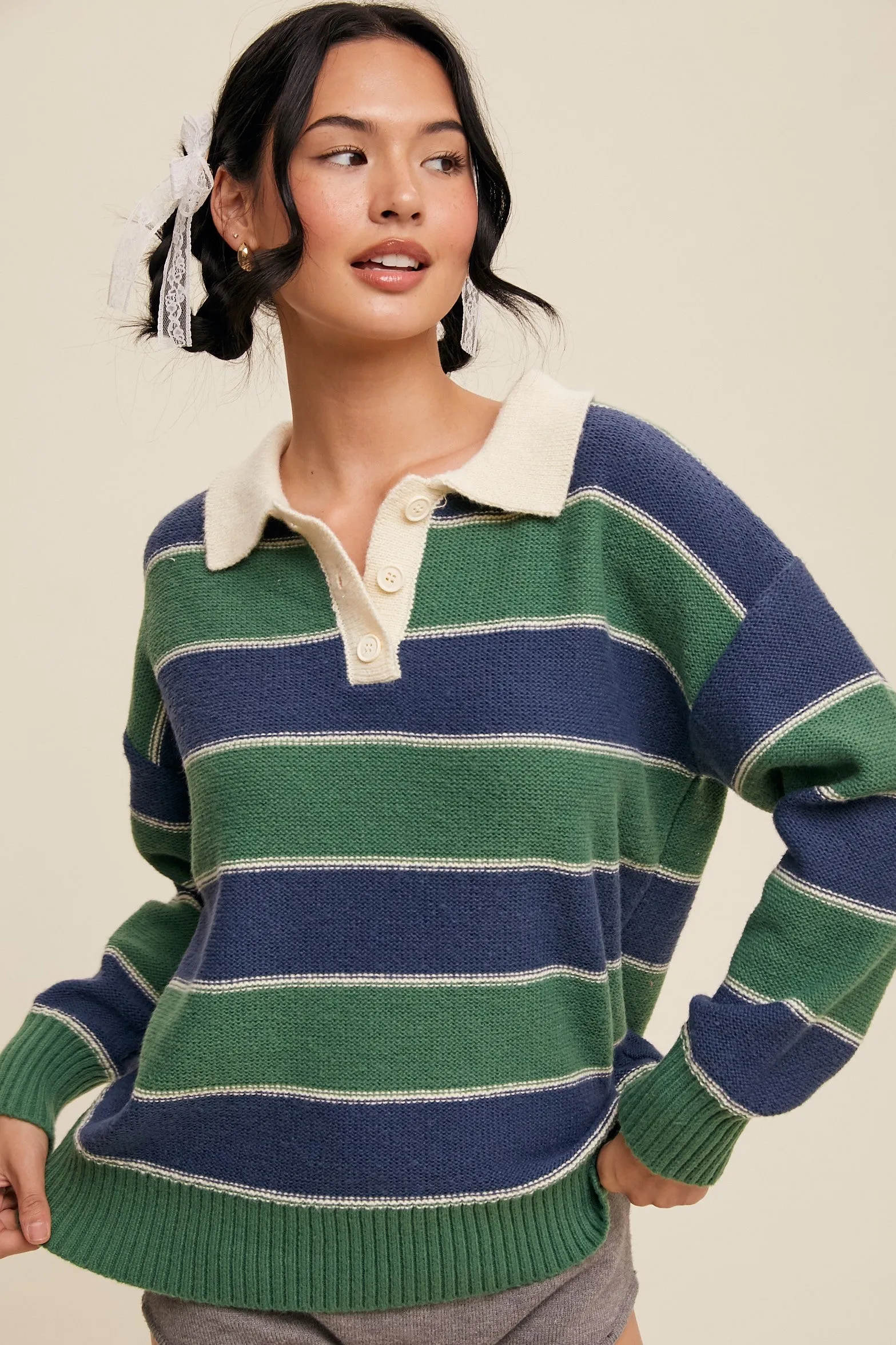 Green Striped Polo Knit Sweater sold by Pinkblush