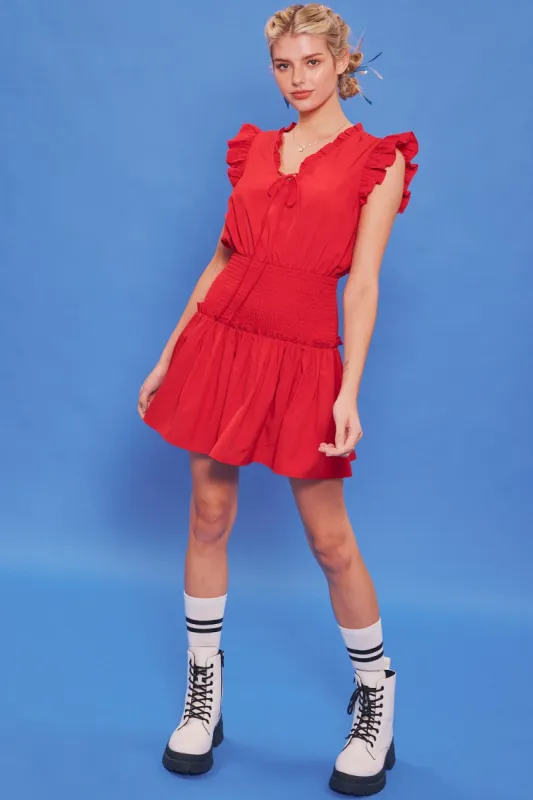 Red Smocked Mini Dress With Ruffles And Bow Tie sold by Pinkblush