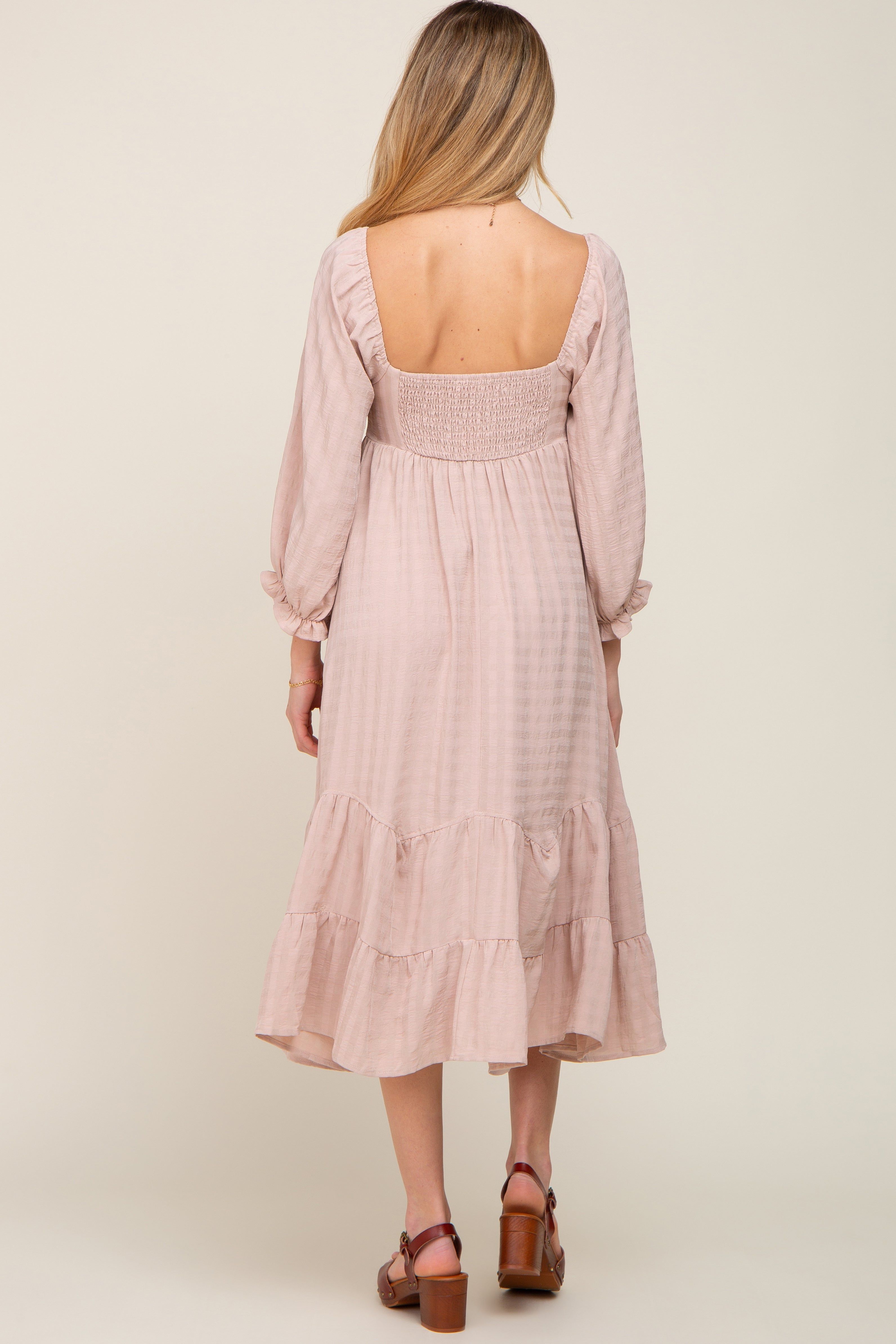 Beige Striped 3/4 Cinched Sleeve Tiered Maternity Midi Dress sold by Pinkblush product image thumbnail 4