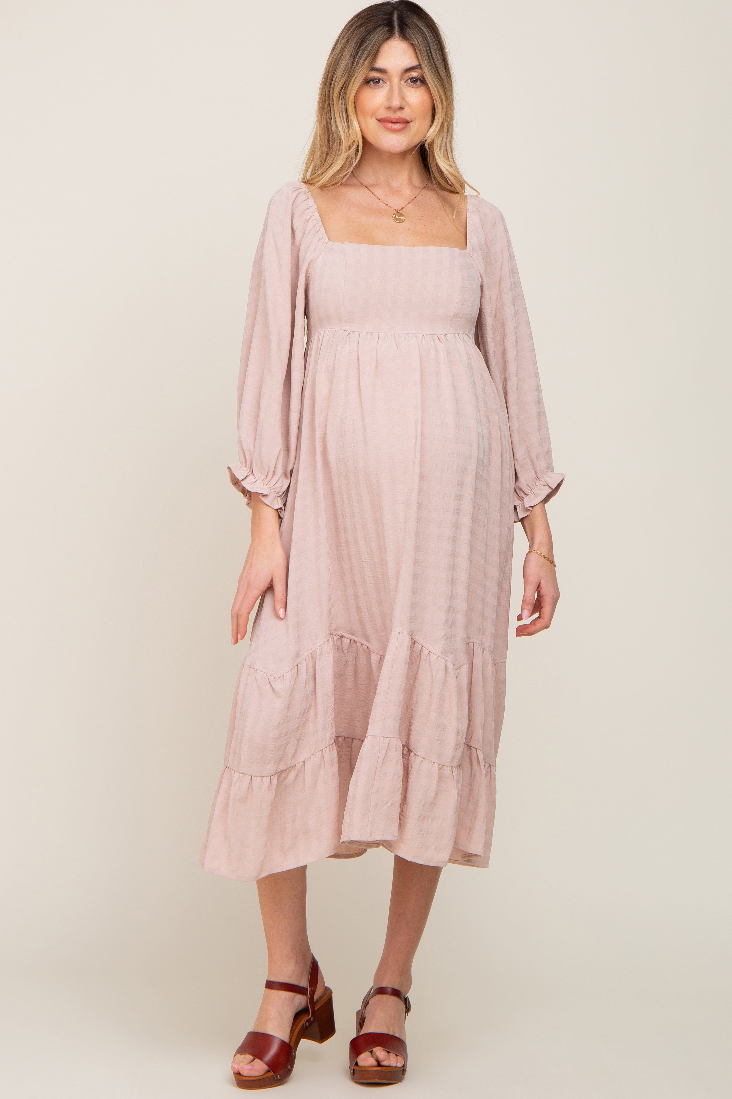 Beige Striped 3/4 Cinched Sleeve Tiered Maternity Midi Dress sold by Pinkblush