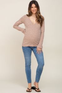 Taupe Ribbed Long Sleeve Wrap Maternity Nursing Top sold by Pinkblush