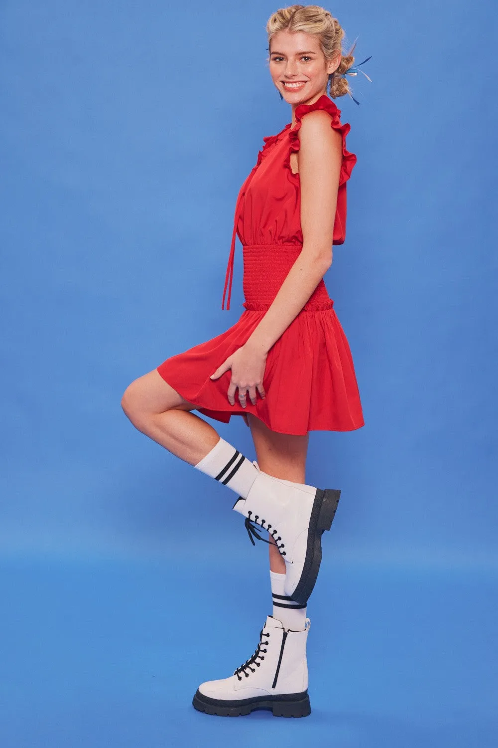 Red Smocked Mini Dress With Ruffles And Bow Tie sold by Pinkblush product image thumbnail 2