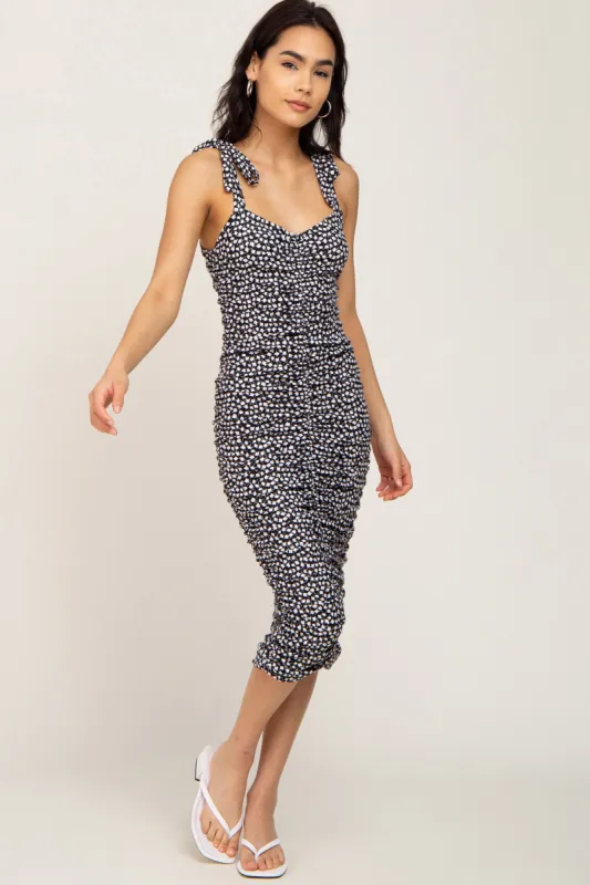 Black Printed Ribbed Shoulder Tie Ruched Dress sold by Pinkblush