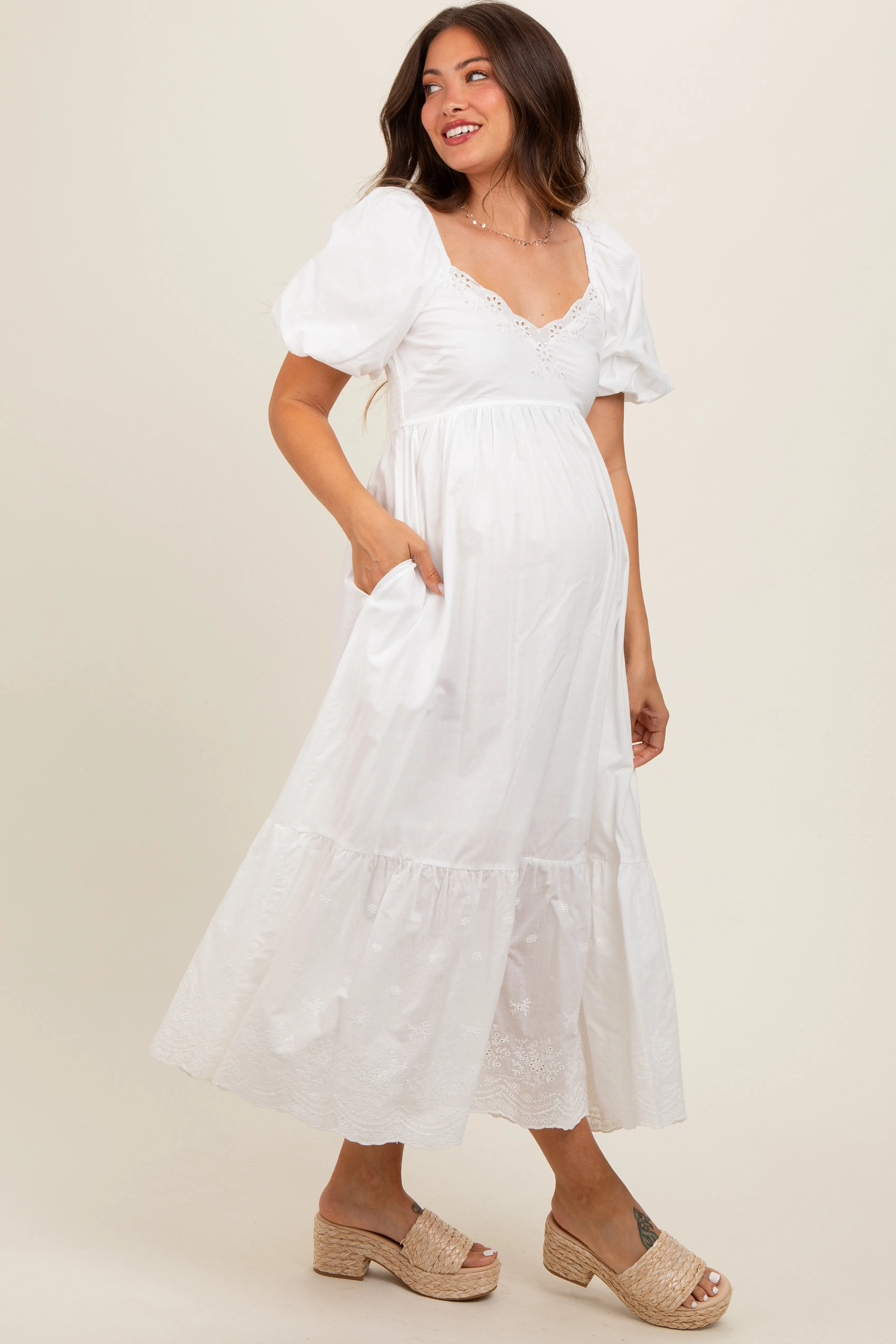 Ivory Eyelet Scalloped V-Neck Short Puff Sleeve Maternity Midi Dress sold by Pinkblush product image thumbnail 3