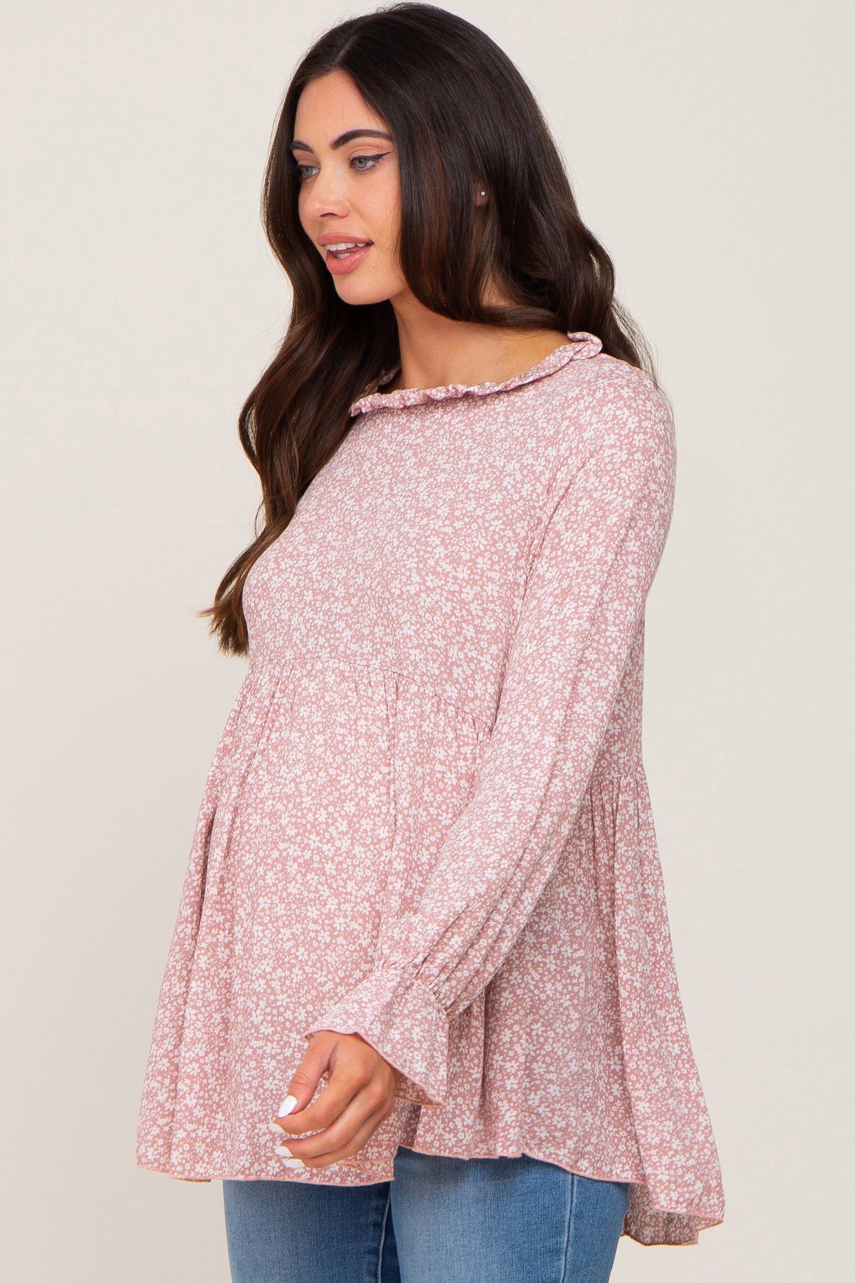 Mauve Floral Ruffle Neck Maternity Top sold by Pinkblush product image thumbnail 3