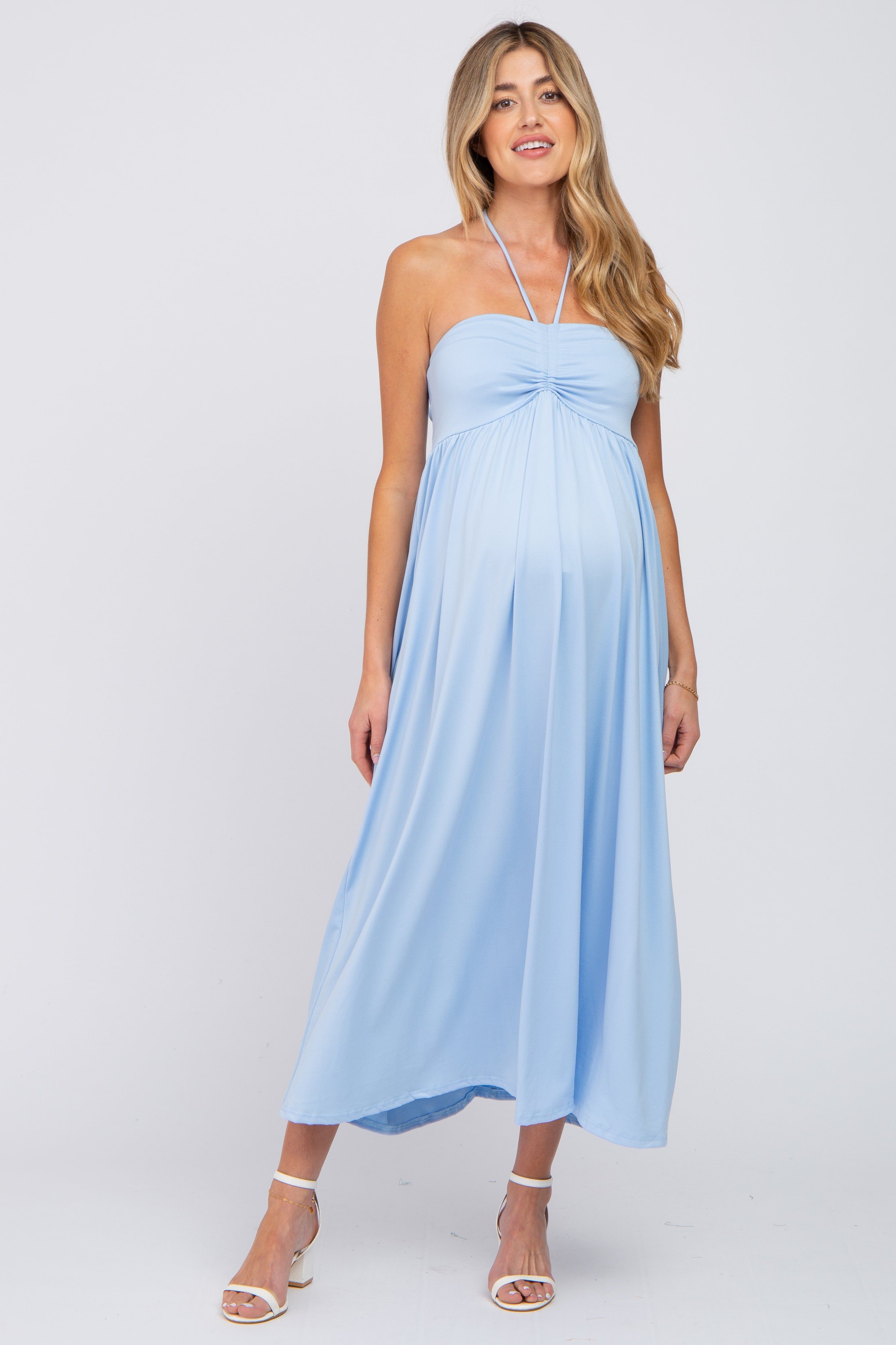 Light Blue Cinched Halter Neck Maternity Midi Dress sold by Pinkblush product image thumbnail 4