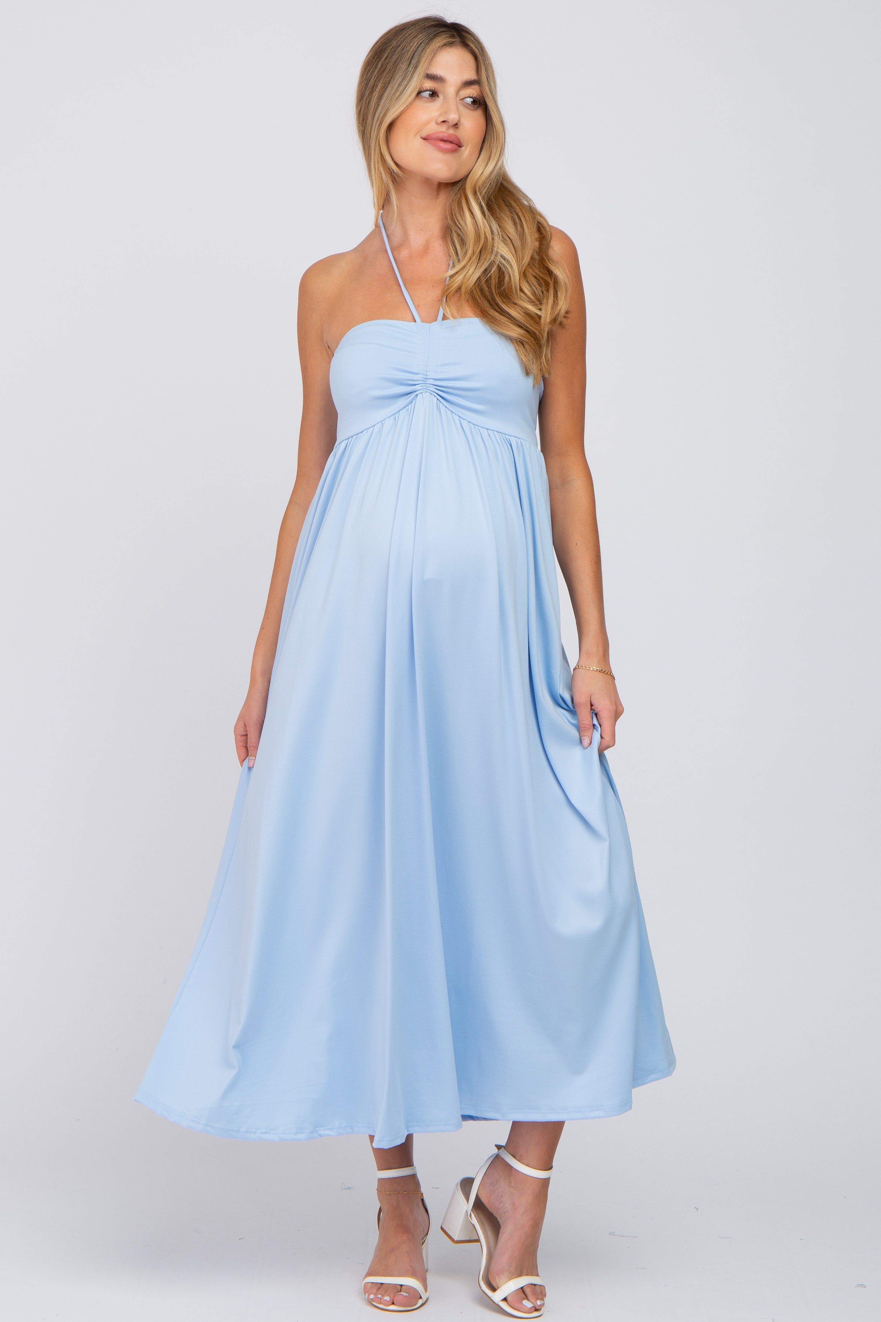 Light Blue Cinched Halter Neck Maternity Midi Dress sold by Pinkblush