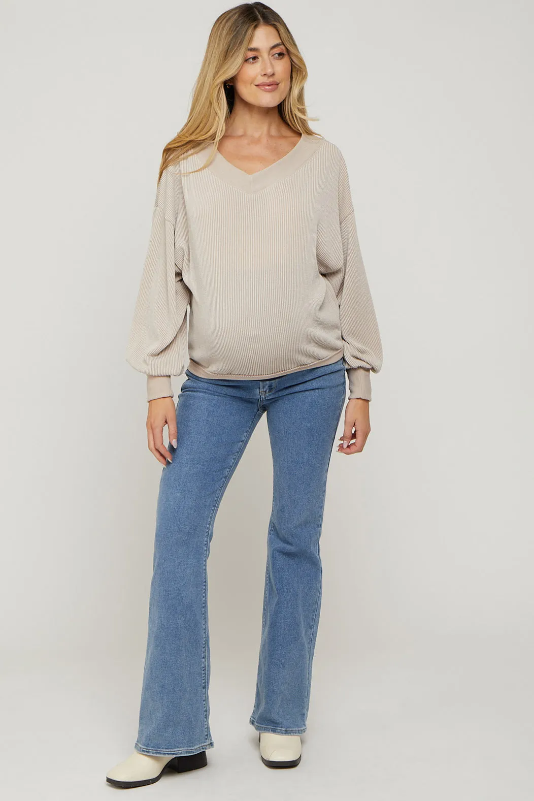 Beige Ribbed V-Neck Cropped Maternity Sweater sold by Pinkblush product image thumbnail 4
